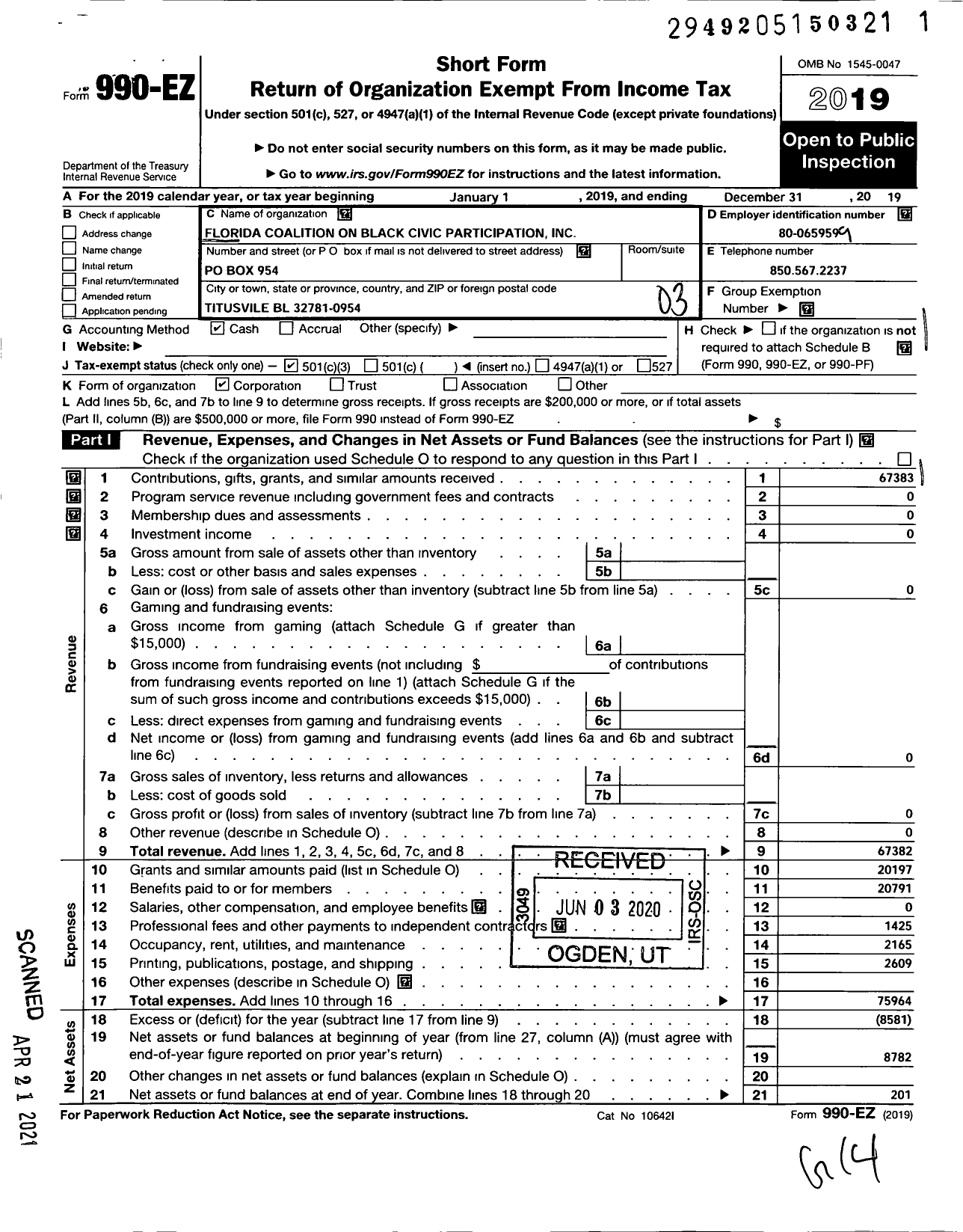 Image of first page of 2019 Form 990EZ for Florida Coalition on Black Civic Participation pation