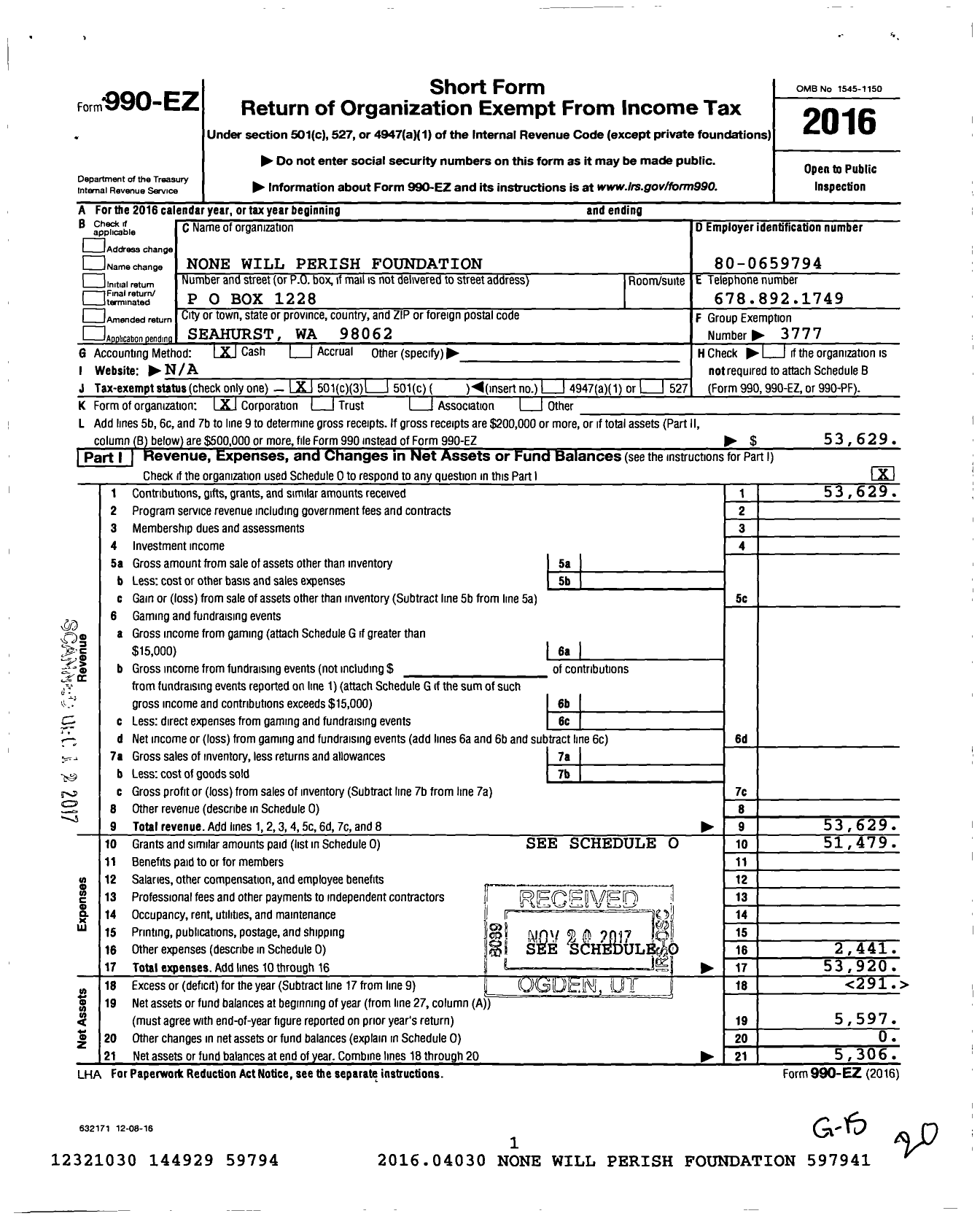 Image of first page of 2016 Form 990EZ for None Will Perish Foundation