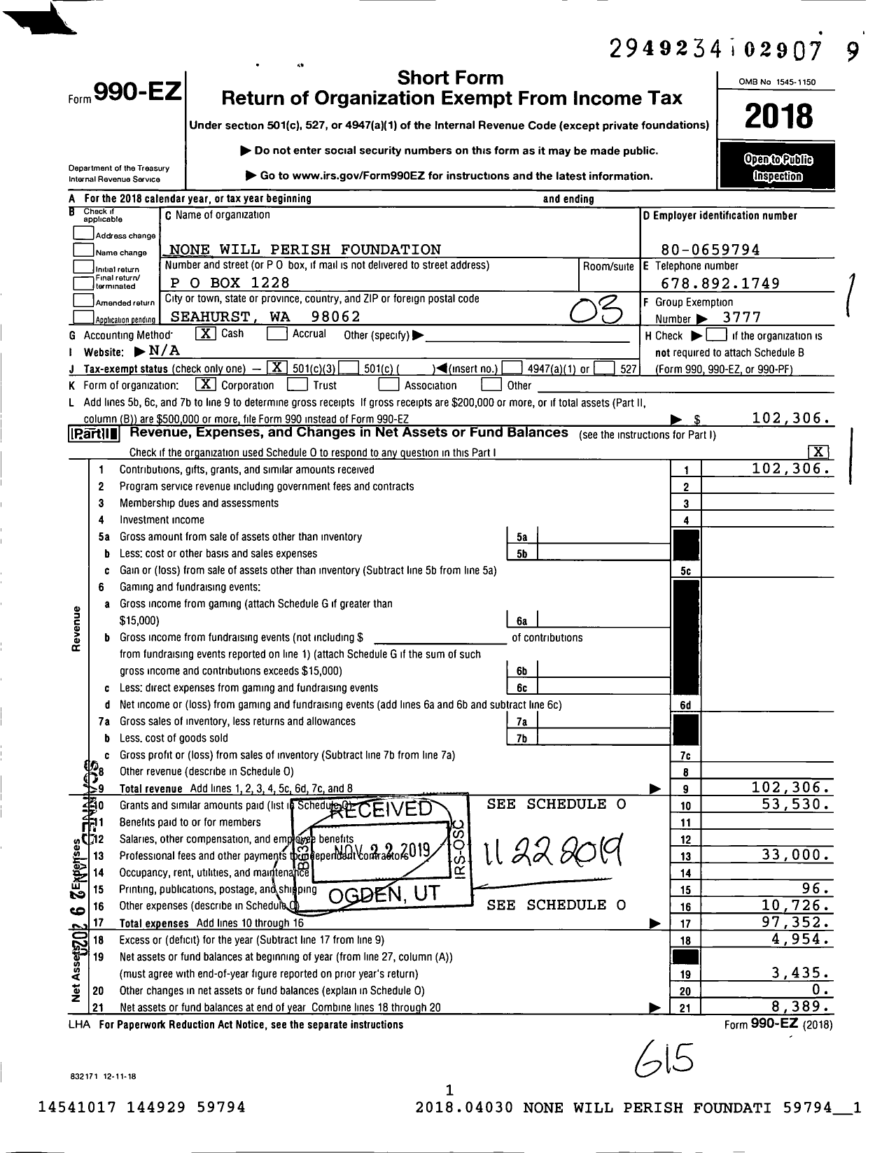 Image of first page of 2018 Form 990EZ for None Will Perish Foundation