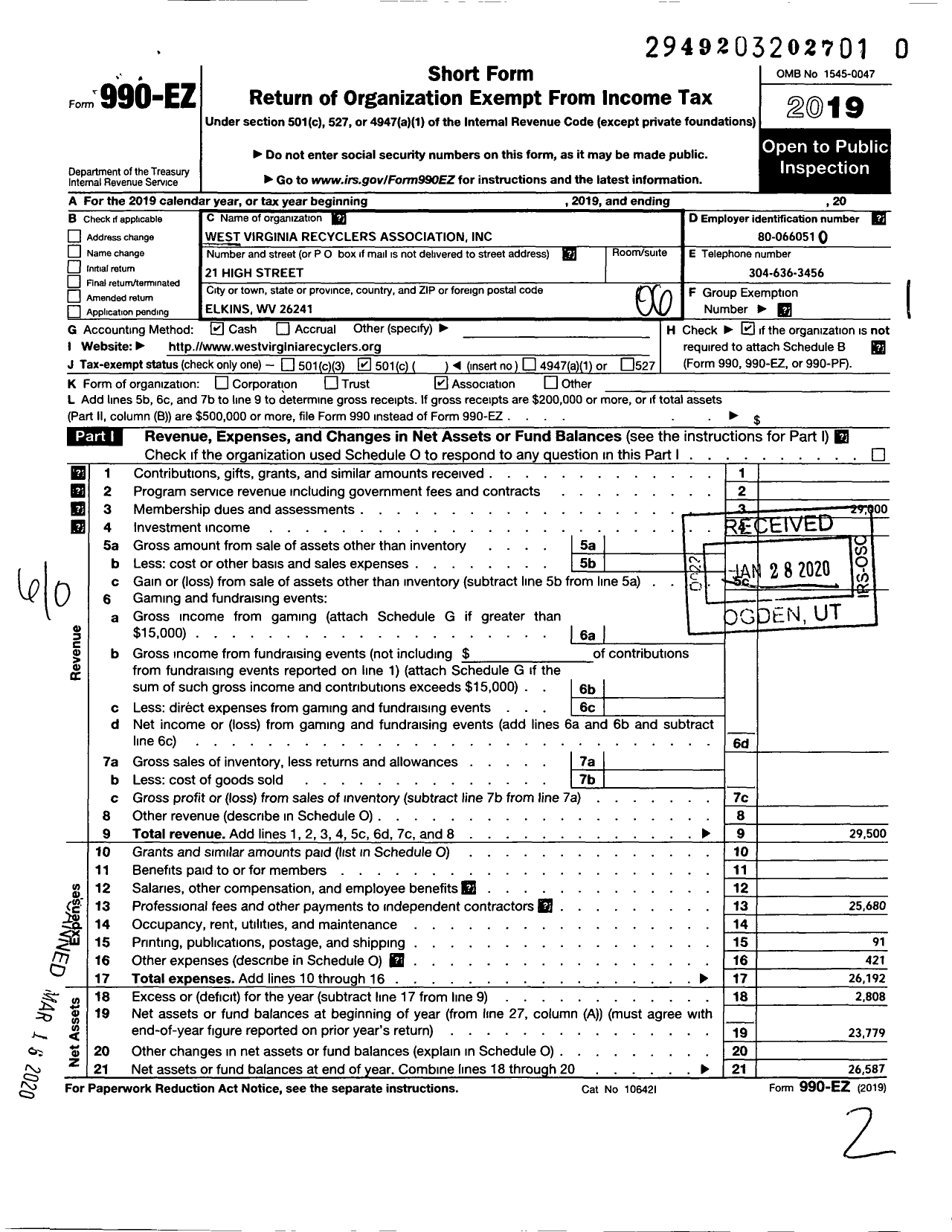 Image of first page of 2019 Form 990EO for West Virginia Recyclers Association