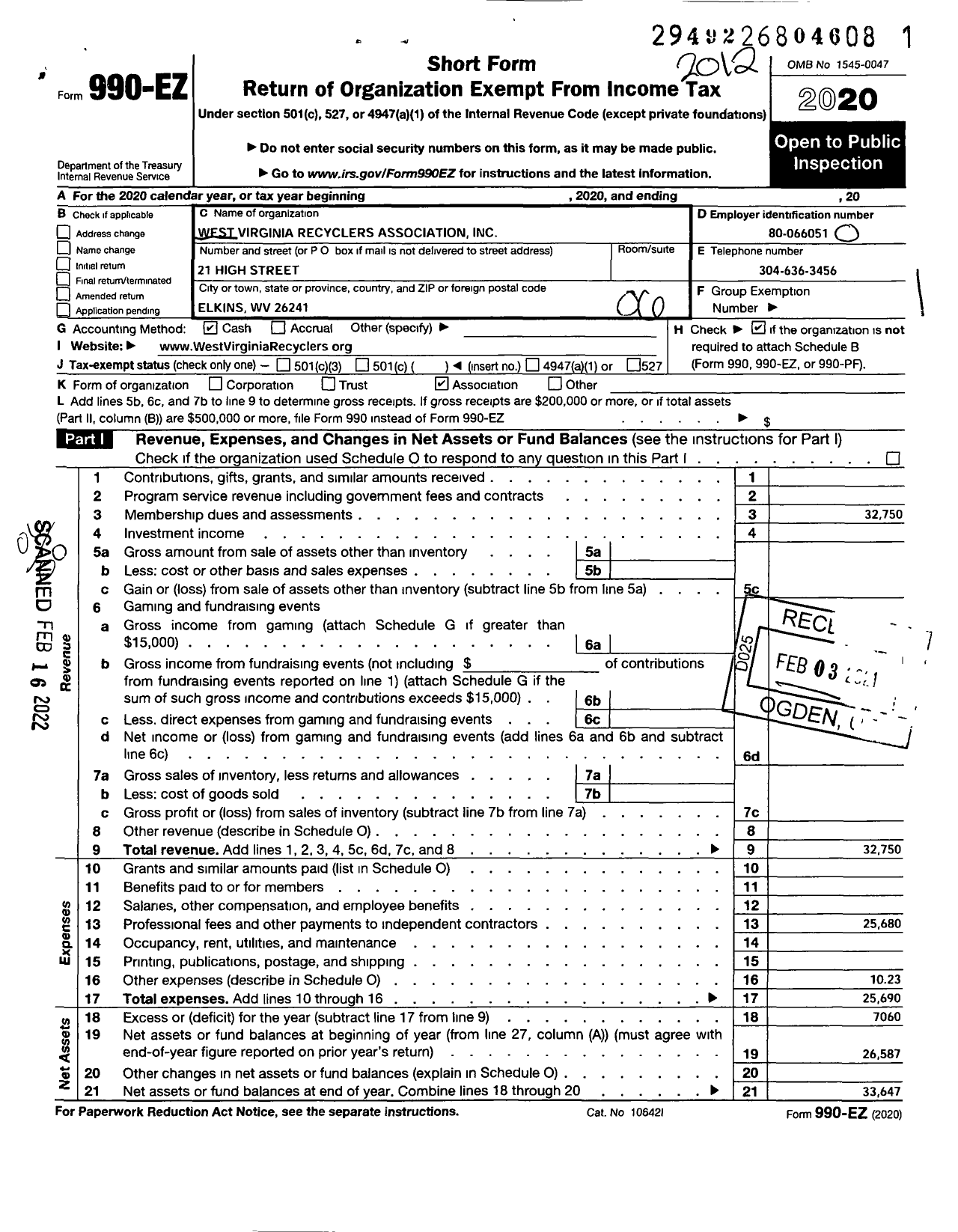 Image of first page of 2020 Form 990EO for West Virginia Recyclers Association