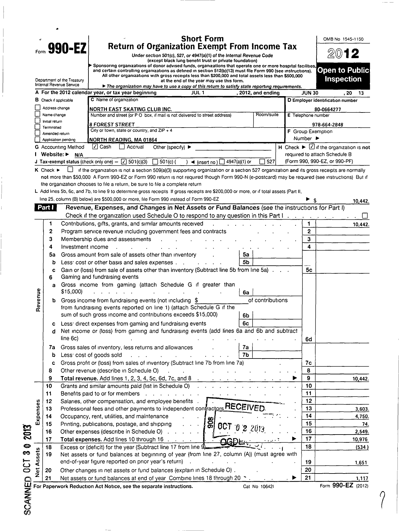 Image of first page of 2012 Form 990EZ for North East Skating Club