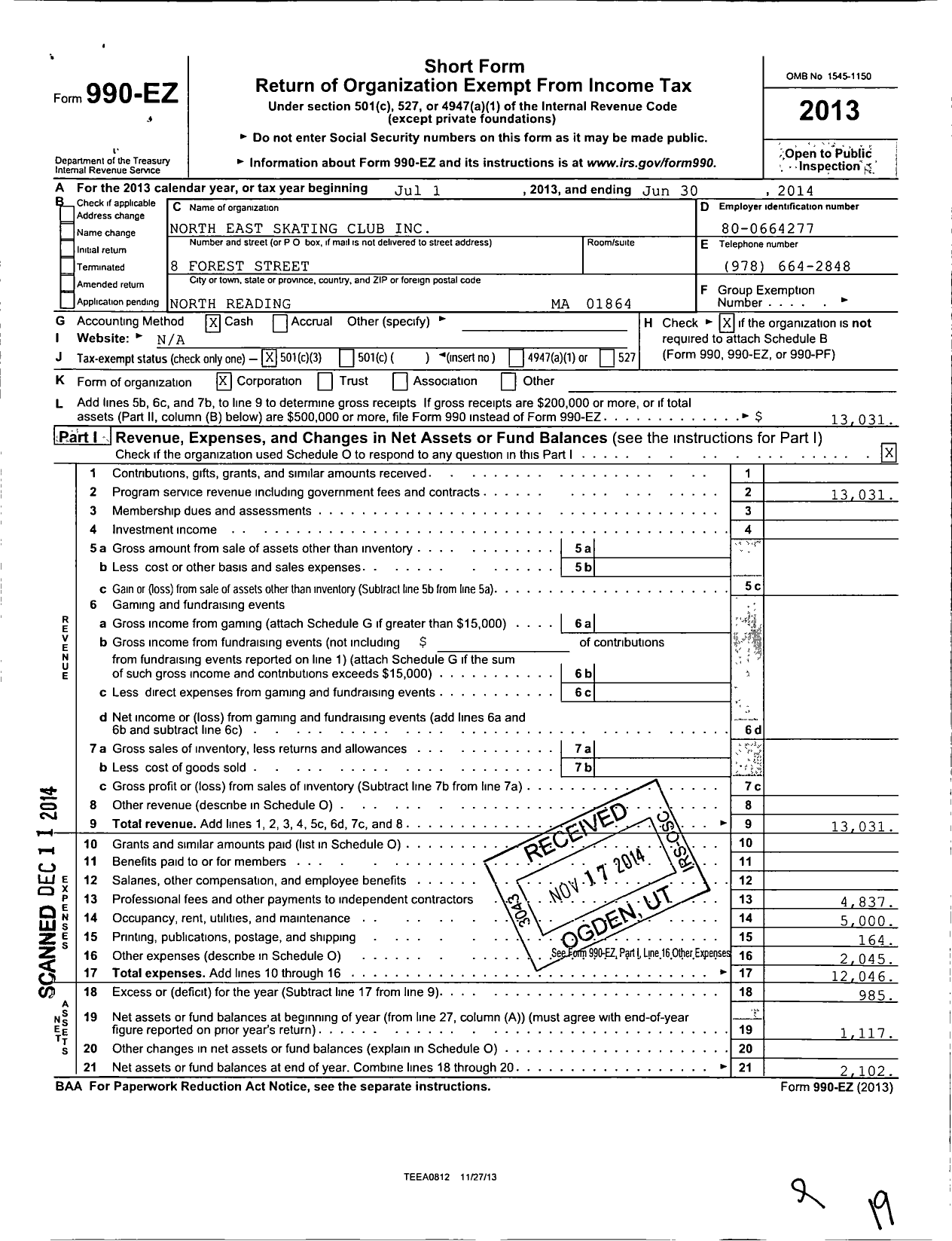 Image of first page of 2013 Form 990EZ for North East Skating Club