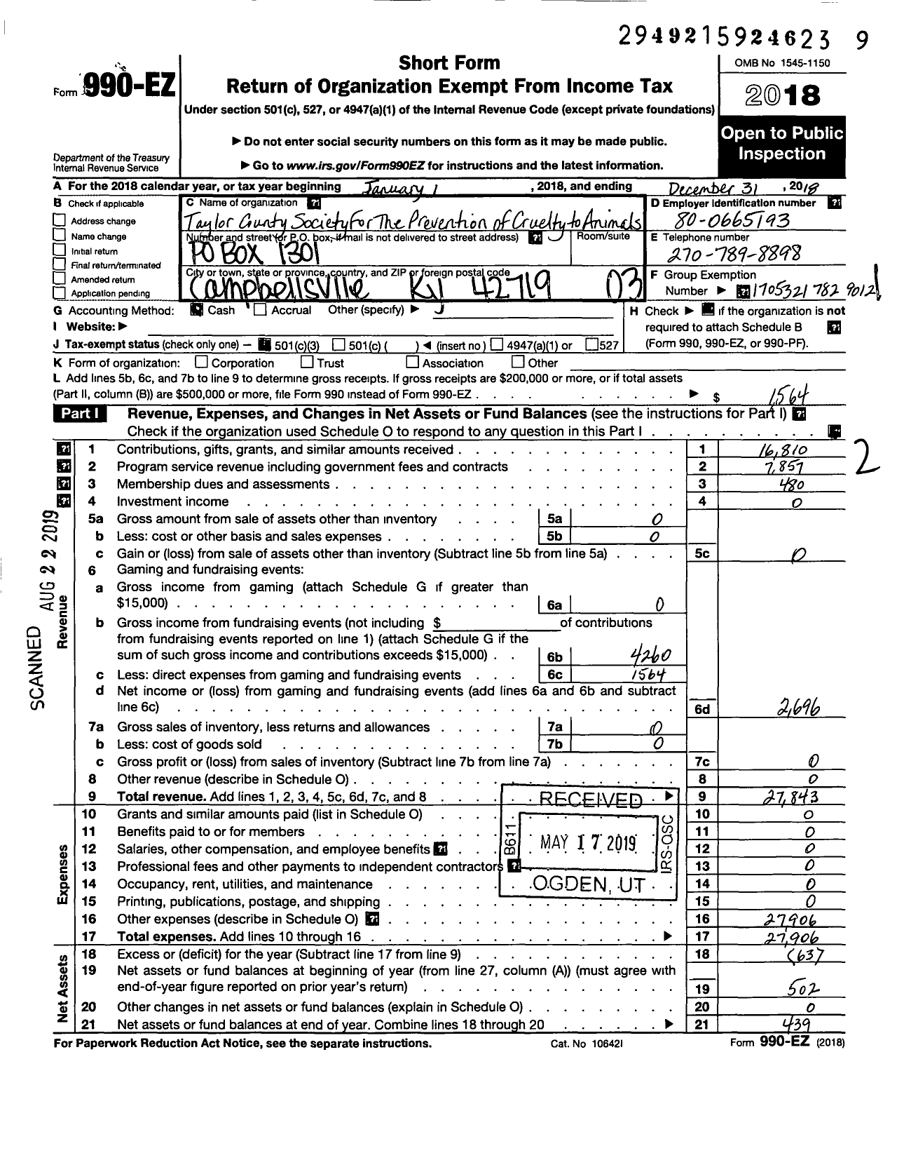 Image of first page of 2018 Form 990EZ for Taylor County Society for the Prevention of Cruelty To Animals