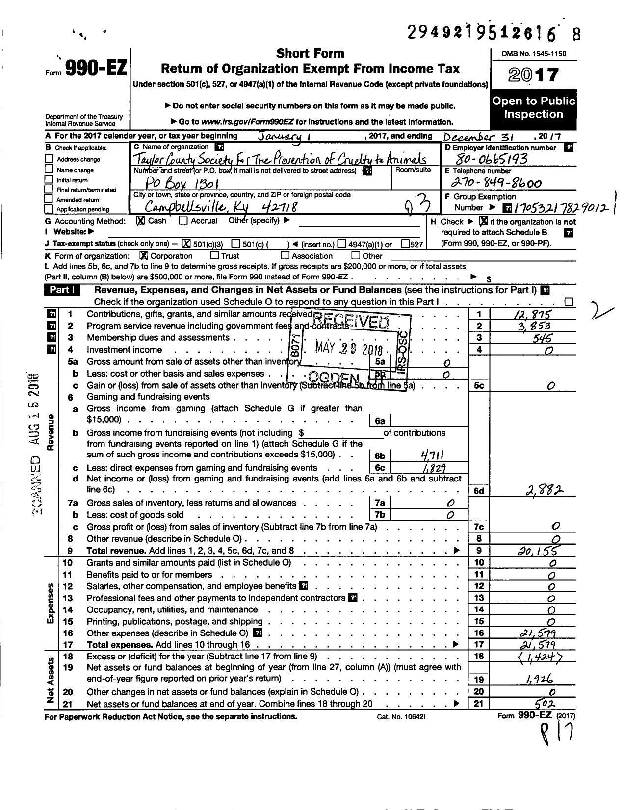 Image of first page of 2017 Form 990EZ for Taylor County Society for the Prevention of Cruelty To Animals