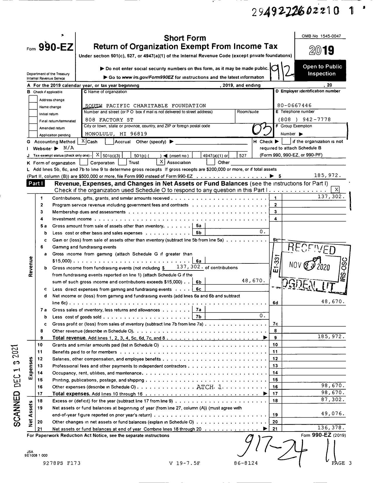 Image of first page of 2019 Form 990EZ for South Pacific Charitable Foundation