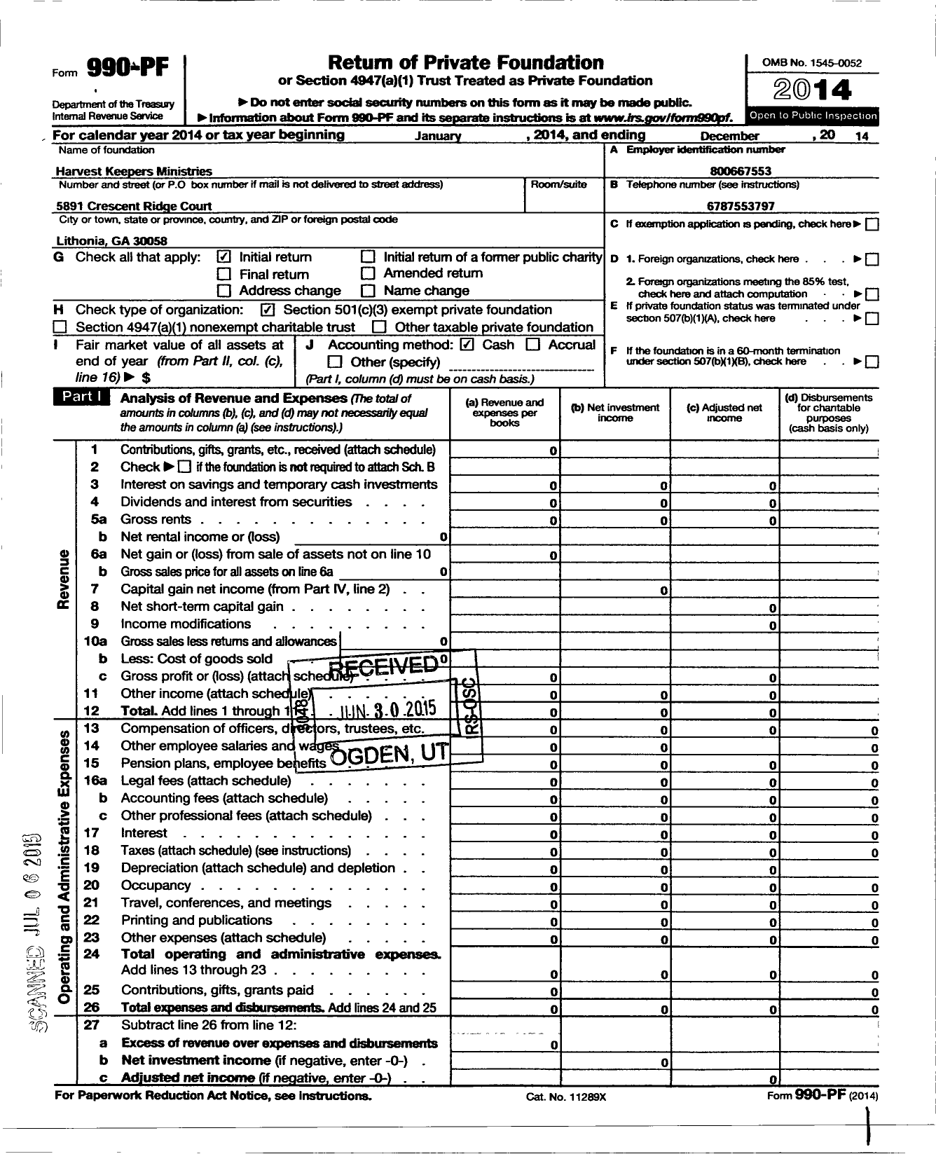 Image of first page of 2014 Form 990PF for Harvest Keepers Ministries