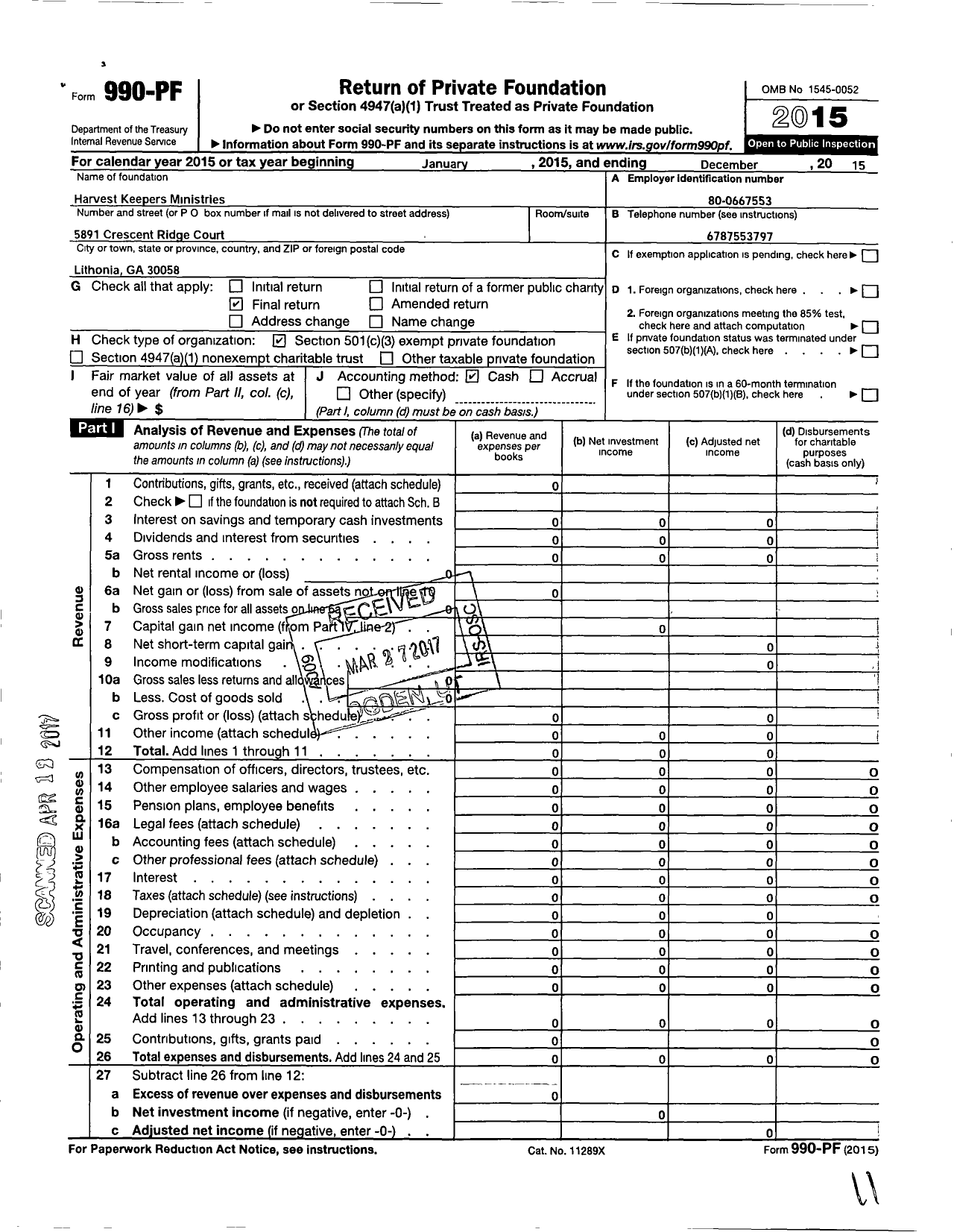 Image of first page of 2015 Form 990PF for Harvest Keepers Ministries