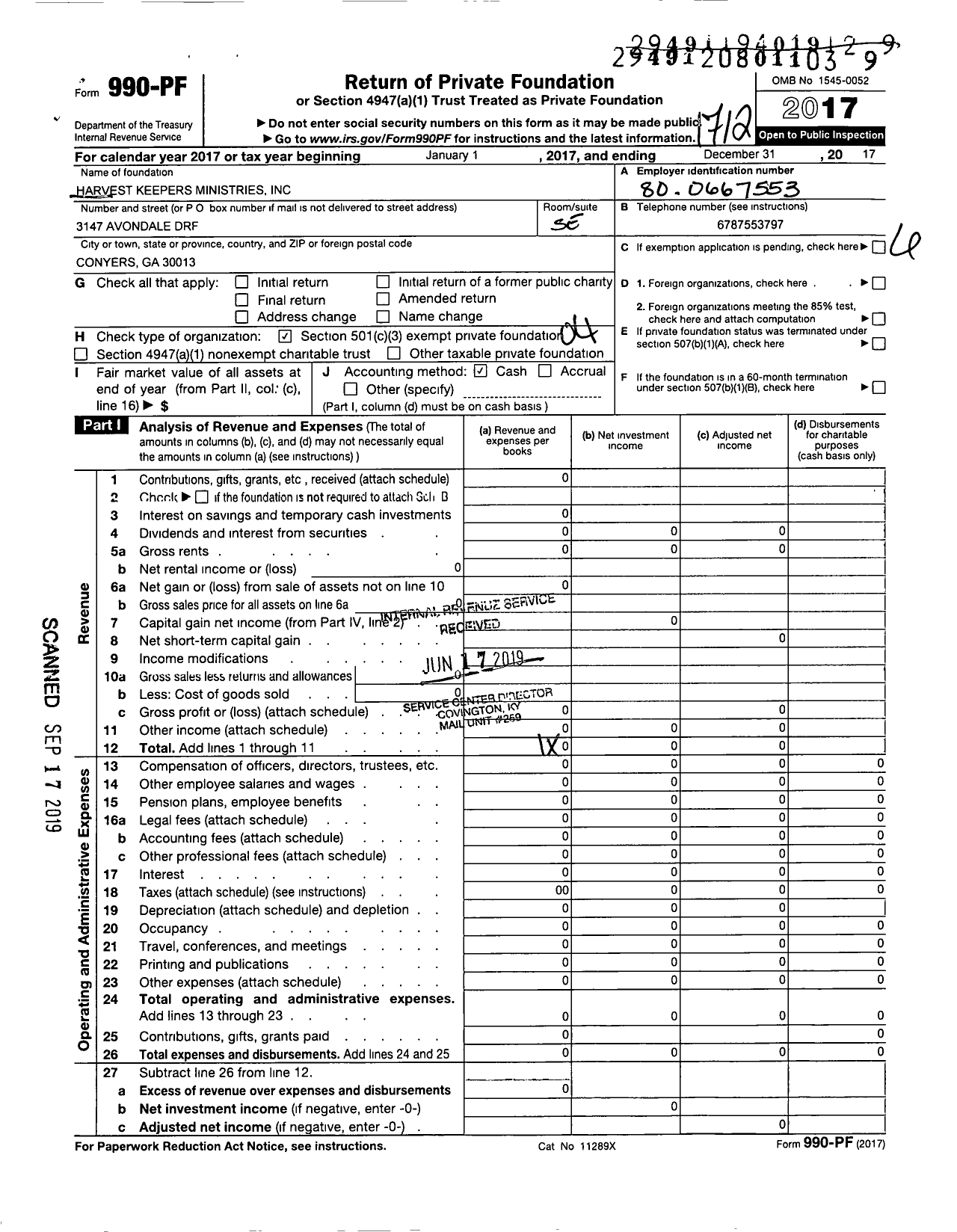 Image of first page of 2017 Form 990PF for Harvest Keepers Ministries