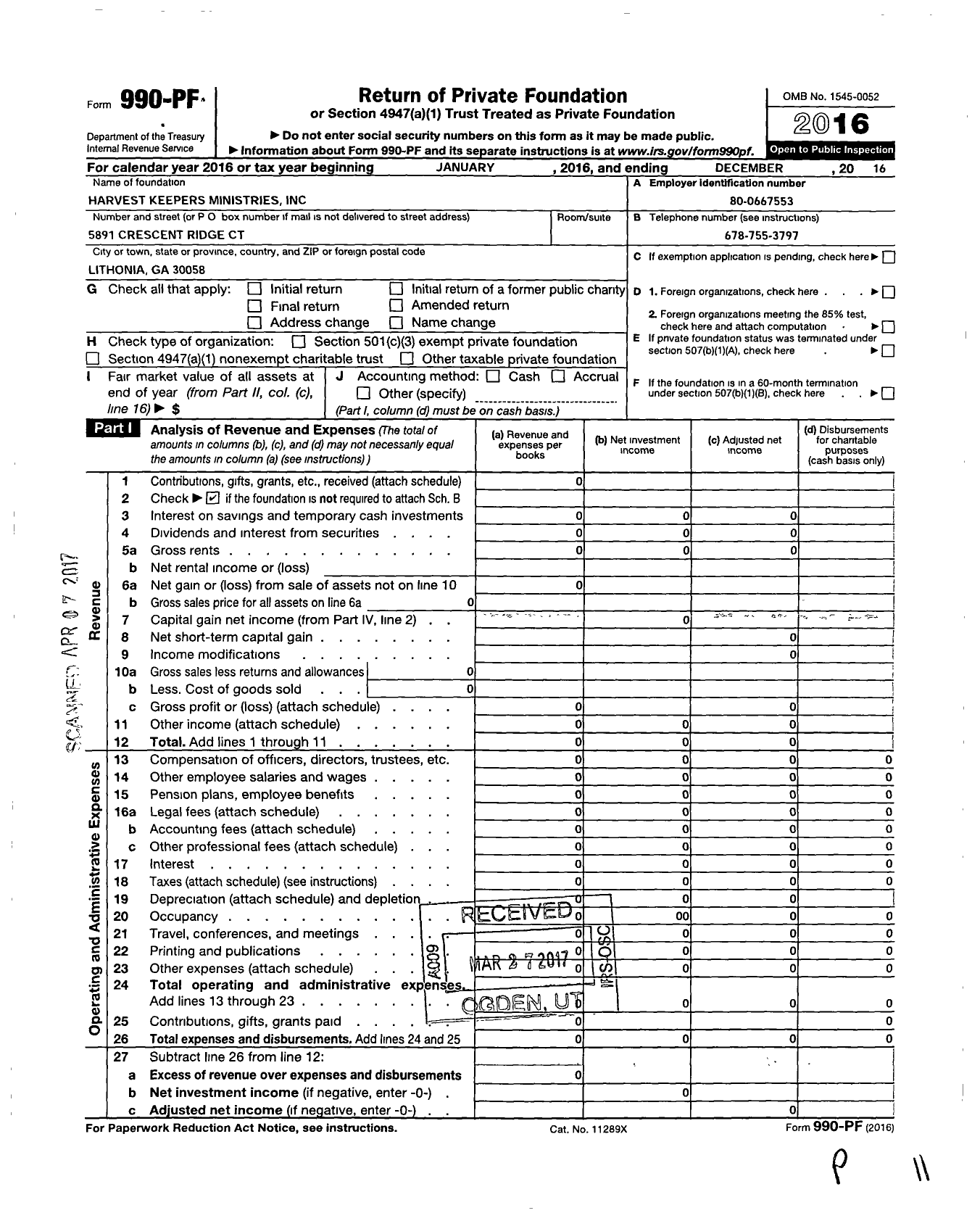 Image of first page of 2016 Form 990PF for Harvest Keepers Ministries