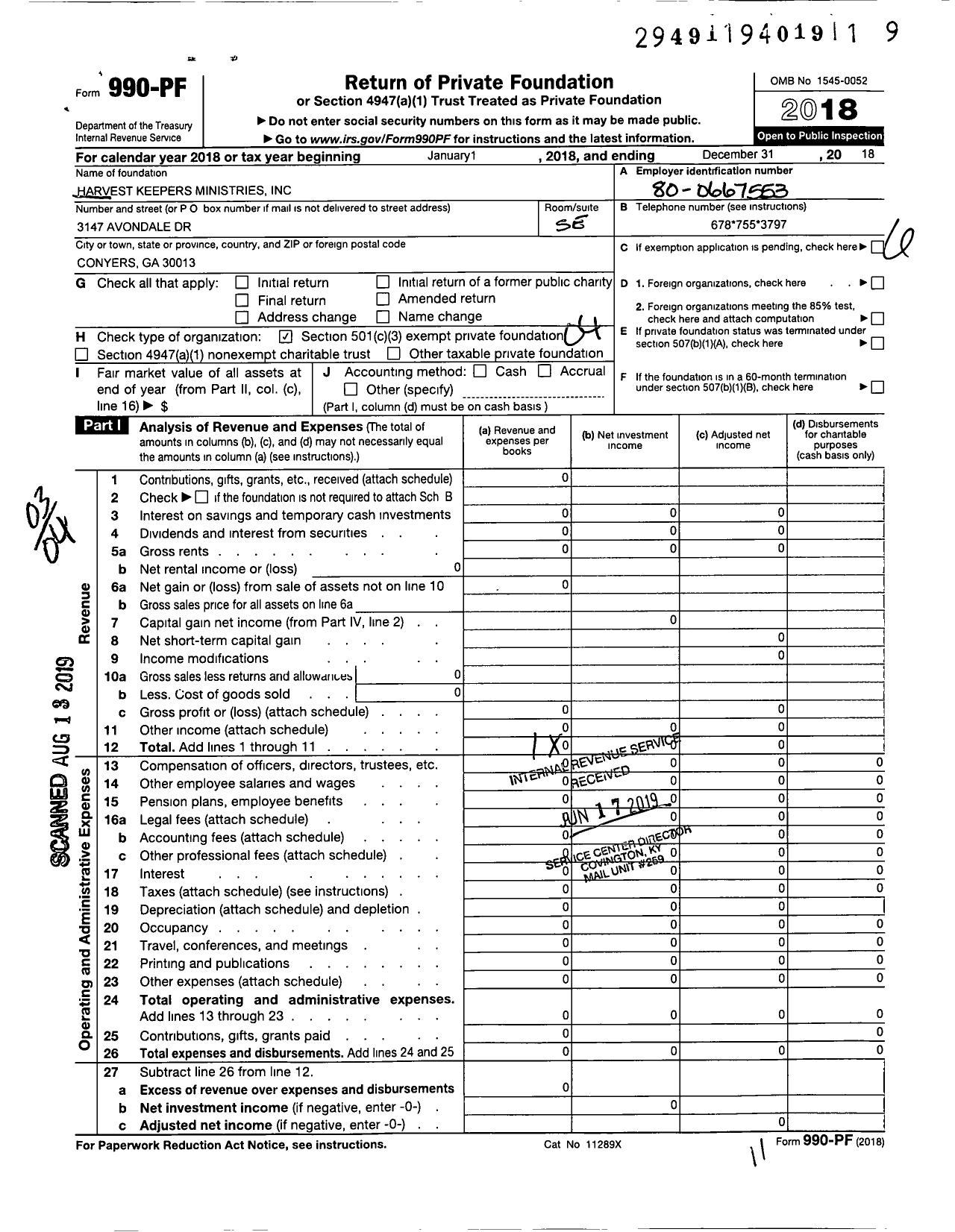 Image of first page of 2018 Form 990PF for Harvest Keepers Ministries