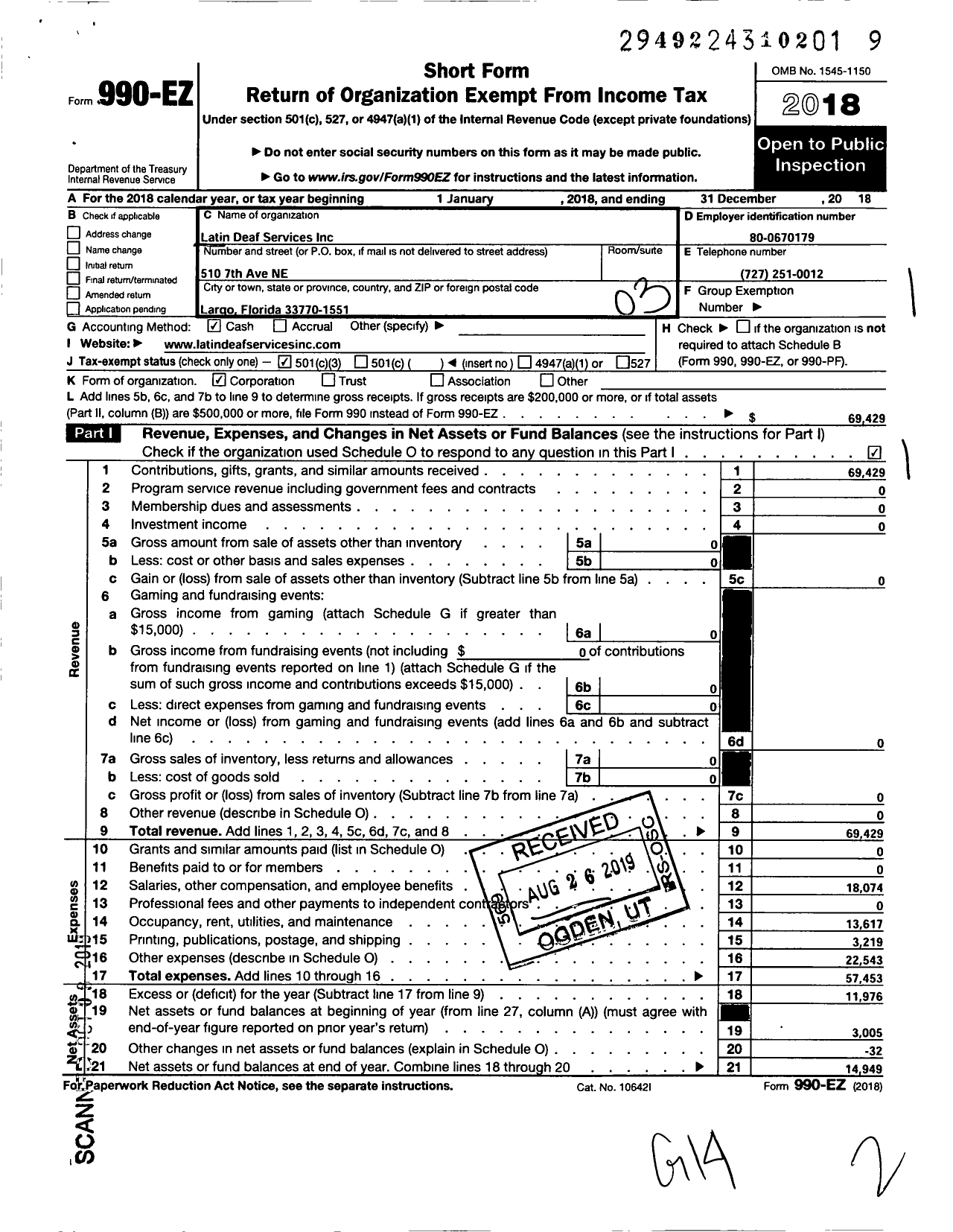 Image of first page of 2018 Form 990EZ for Latin Deaf Services