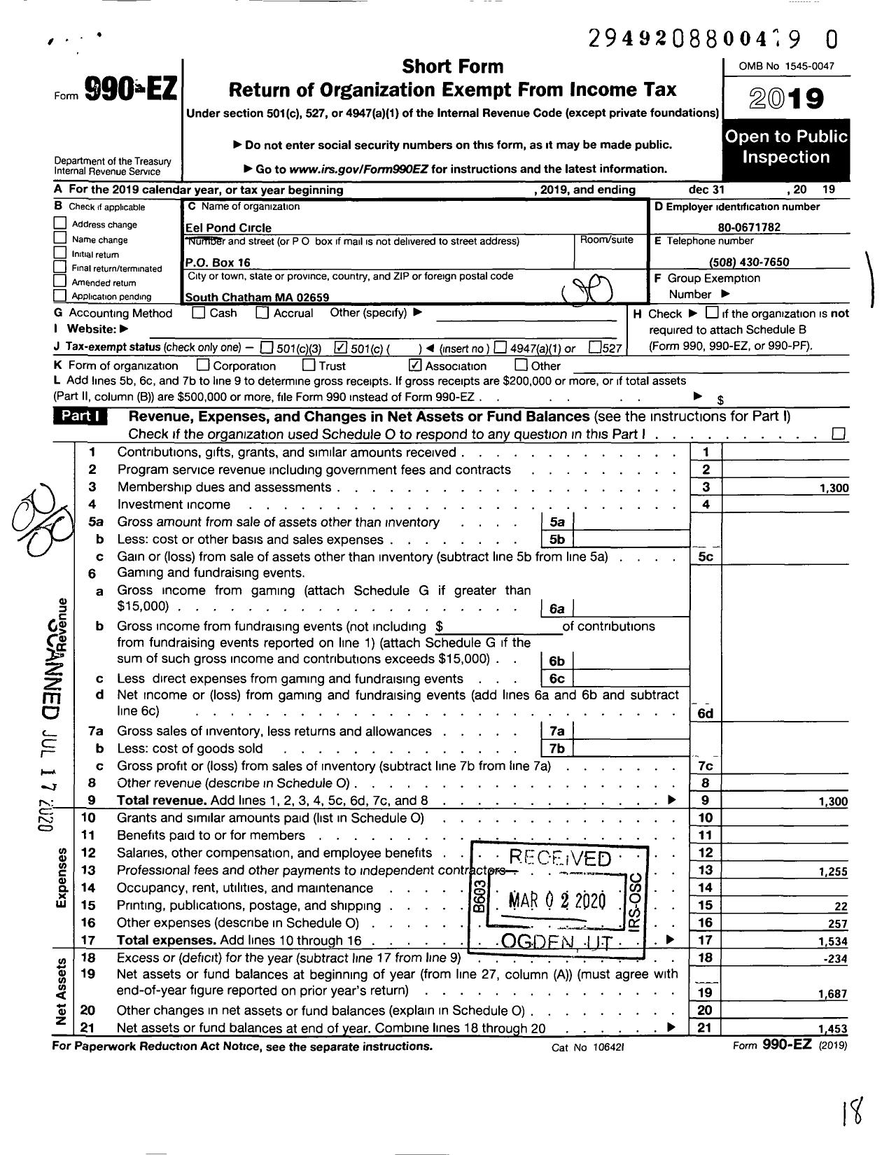 Image of first page of 2019 Form 990EO for Eel Pond Circle