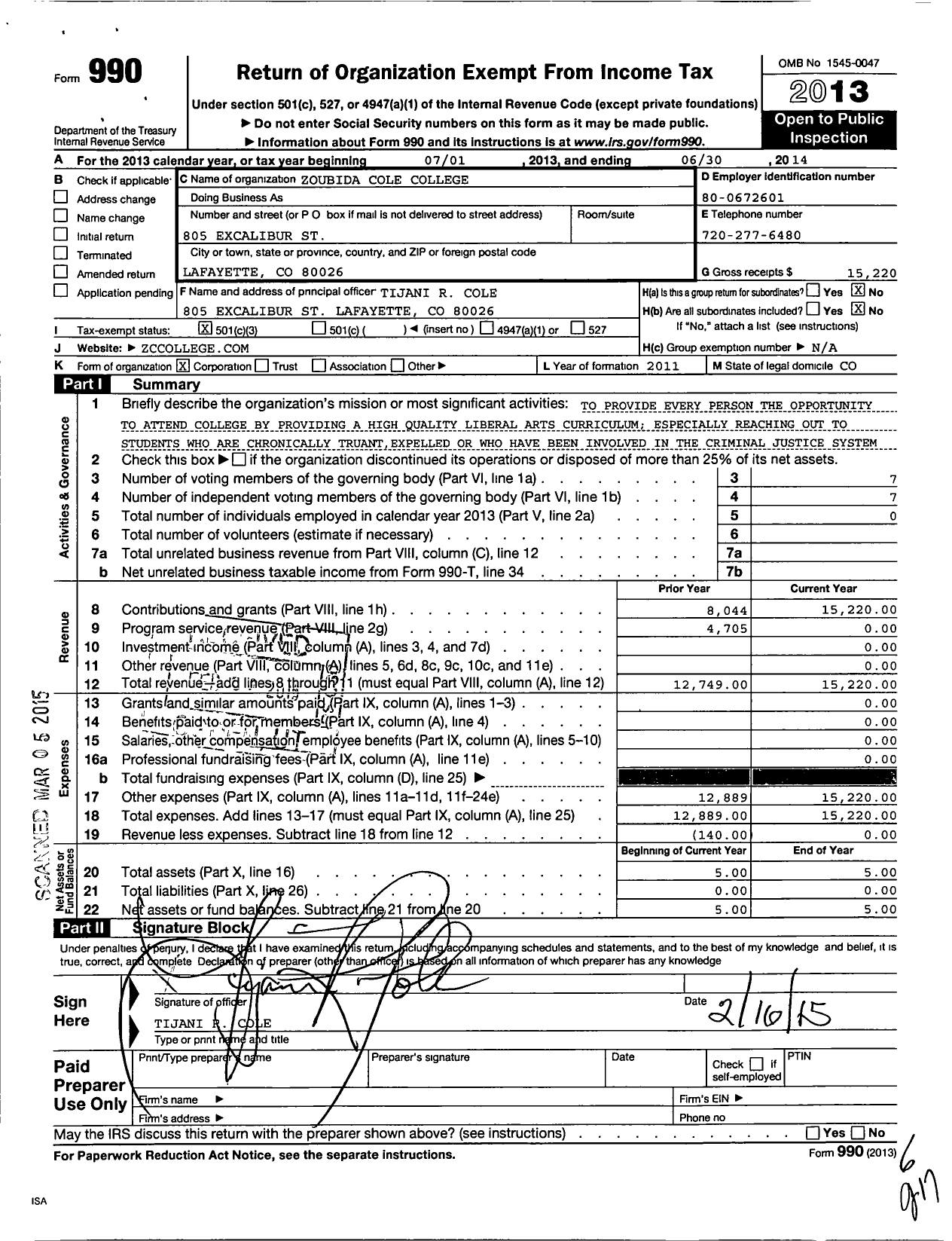 Image of first page of 2013 Form 990 for Zoubida Cole College