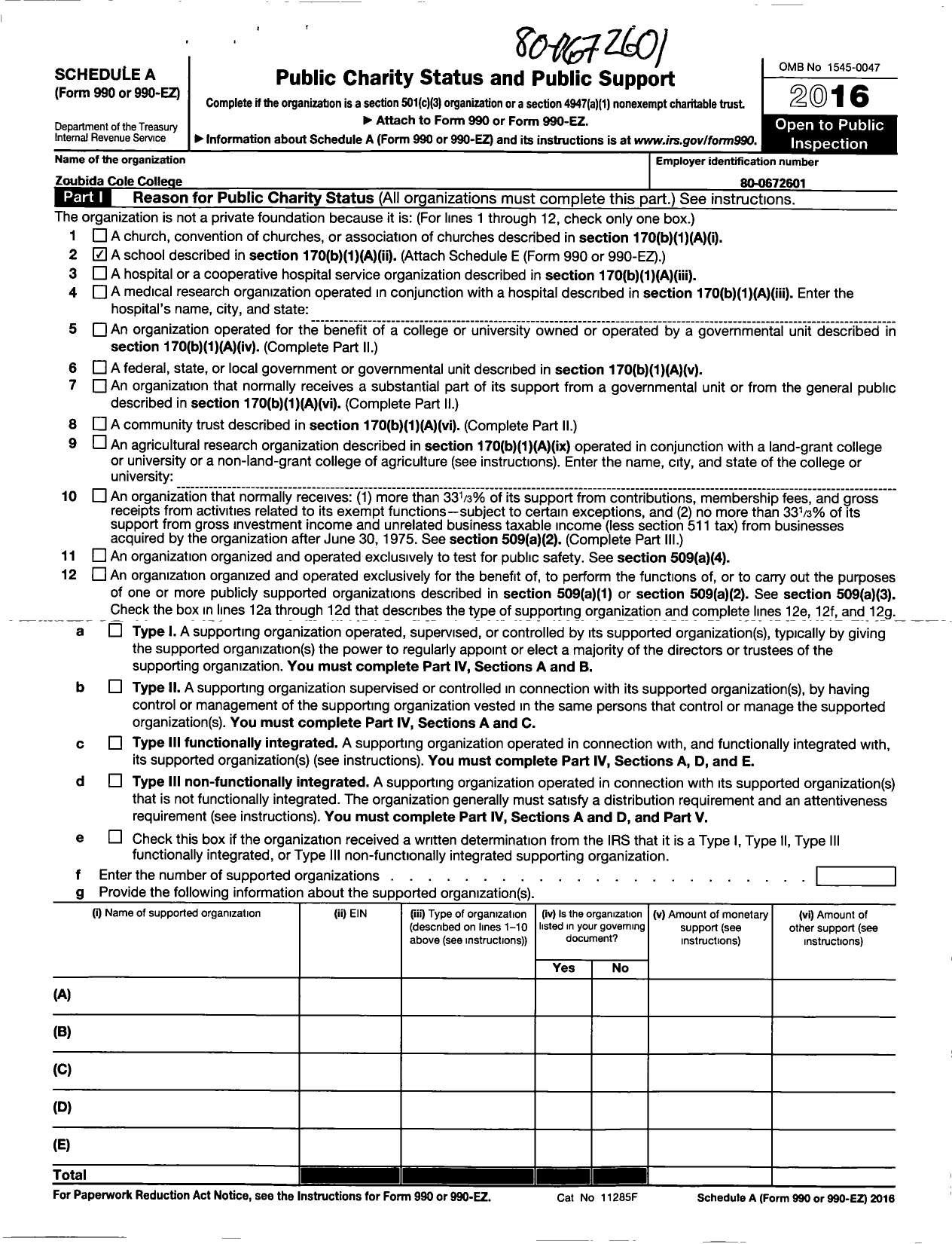 Image of first page of 2016 Form 990R for Zoubida Cole College