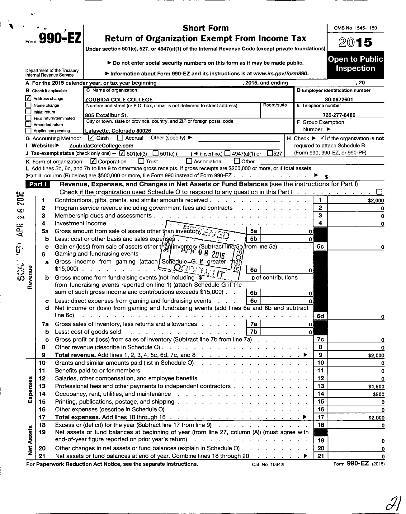 Image of first page of 2015 Form 990EZ for Zoubida Cole College