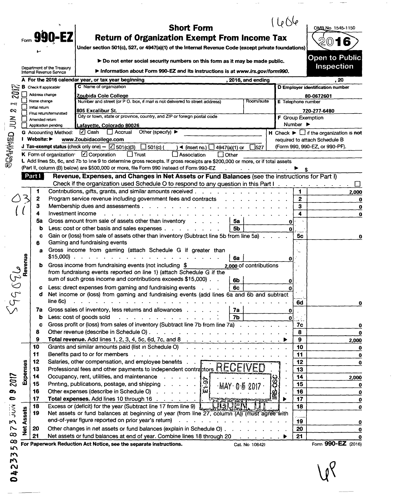 Image of first page of 2015 Form 990EZ for Zoubida Cole College