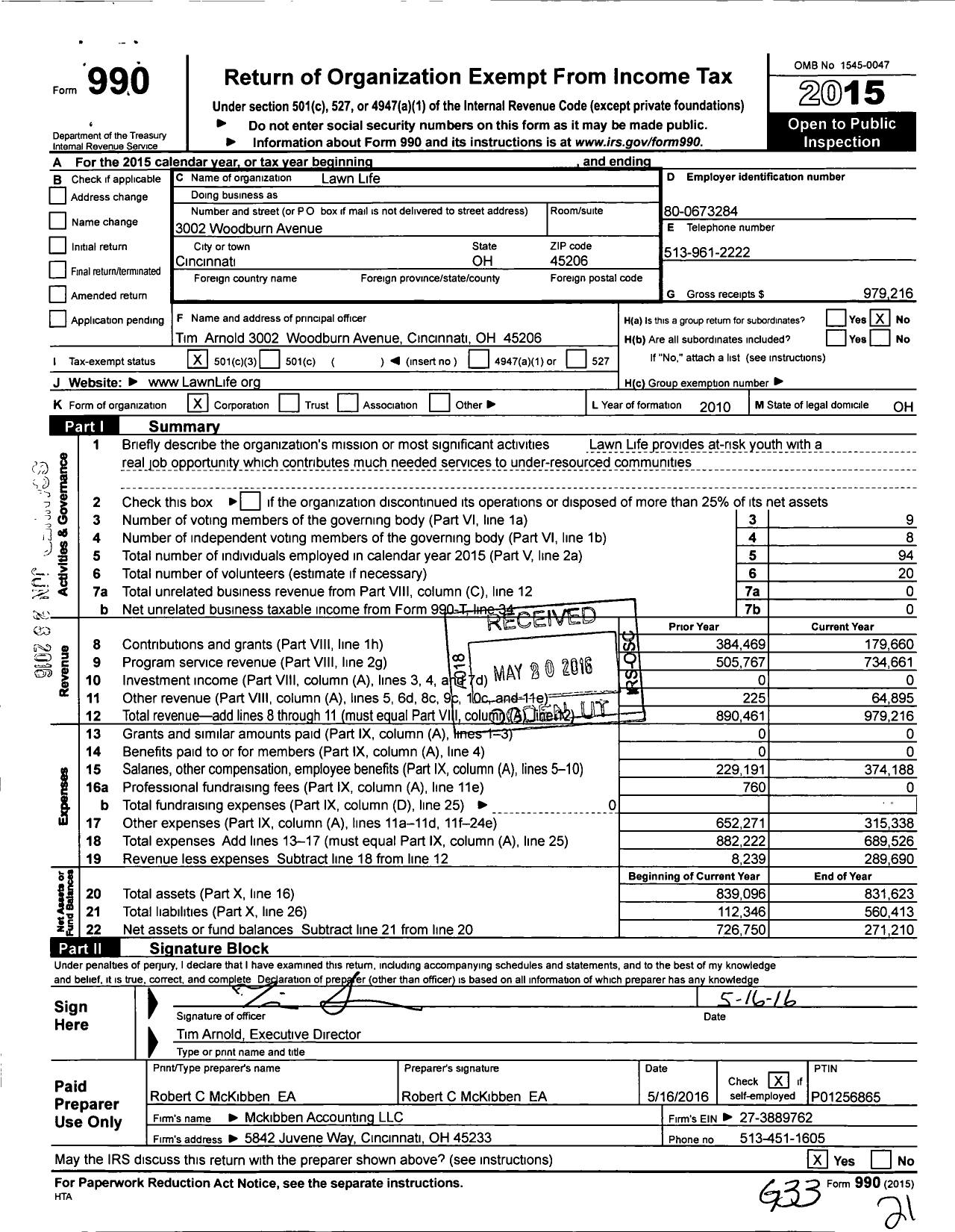 Image of first page of 2015 Form 990 for Lawn Life