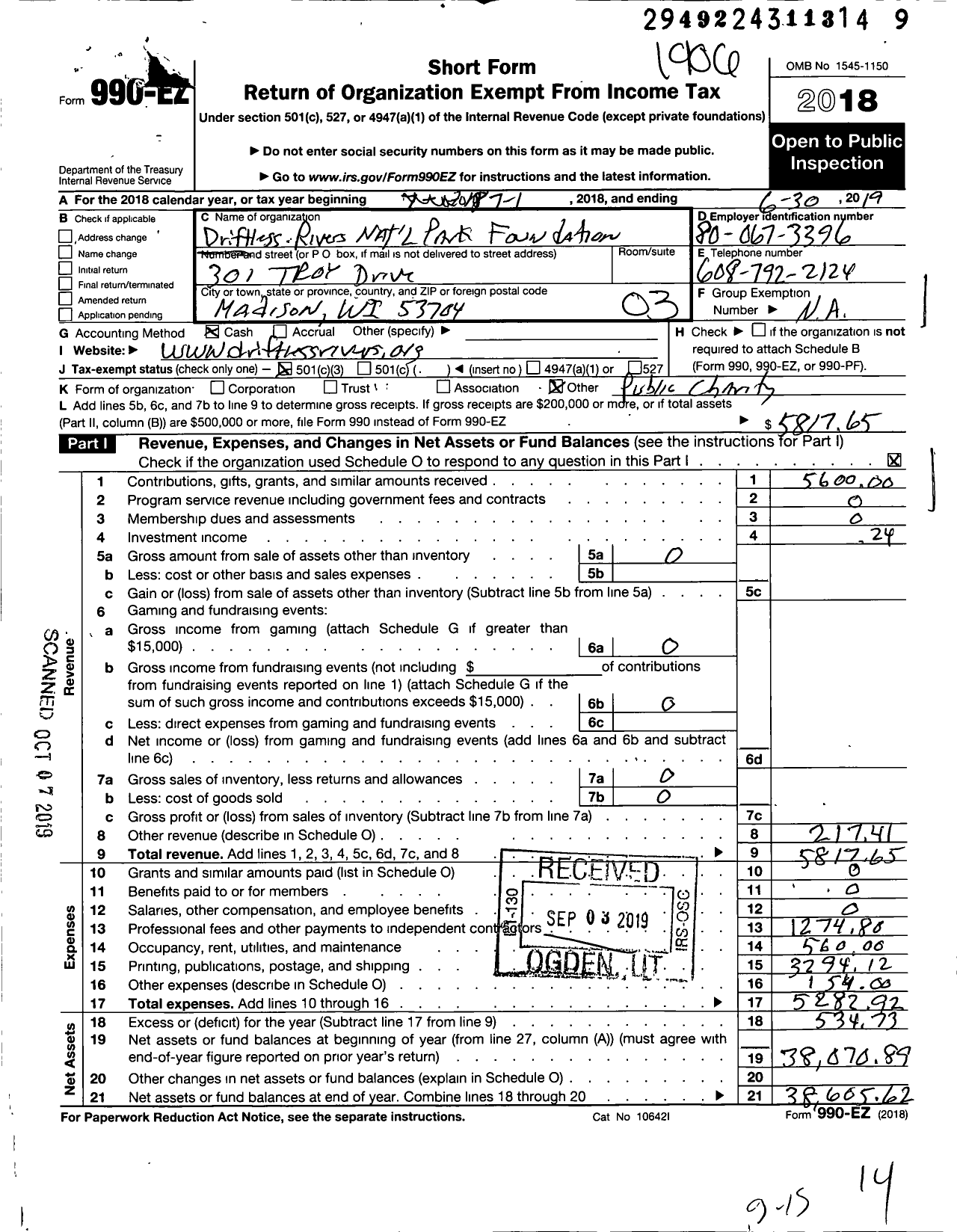 Image of first page of 2018 Form 990EZ for Driftless Rivers National Park Foundation