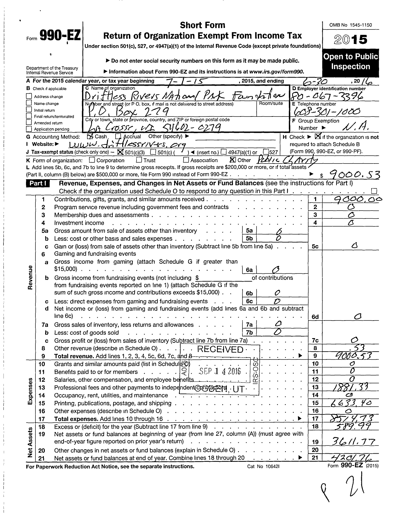 Image of first page of 2015 Form 990EZ for Driftless Rivers National Park Foundation