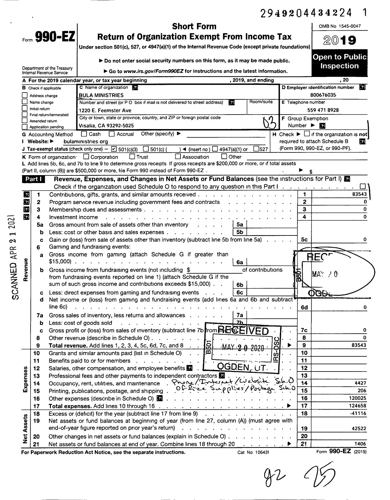 Image of first page of 2019 Form 990EZ for Bula Ministries