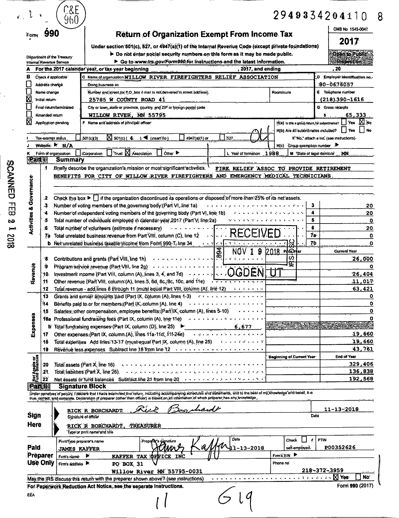 Image of first page of 2017 Form 990O for Willow River Firefighters Relief As