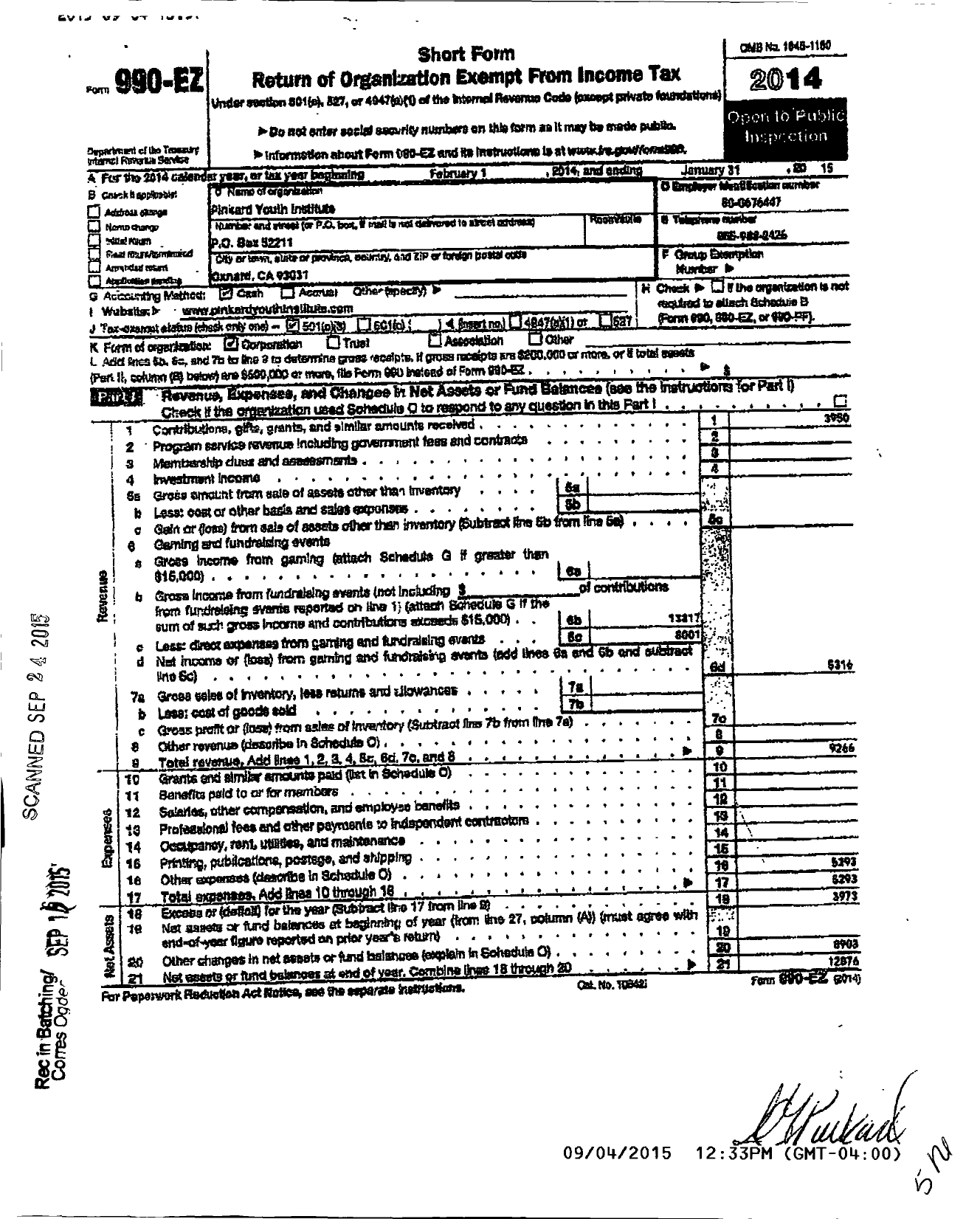 Image of first page of 2014 Form 990EZ for Pinkard Youth Institute