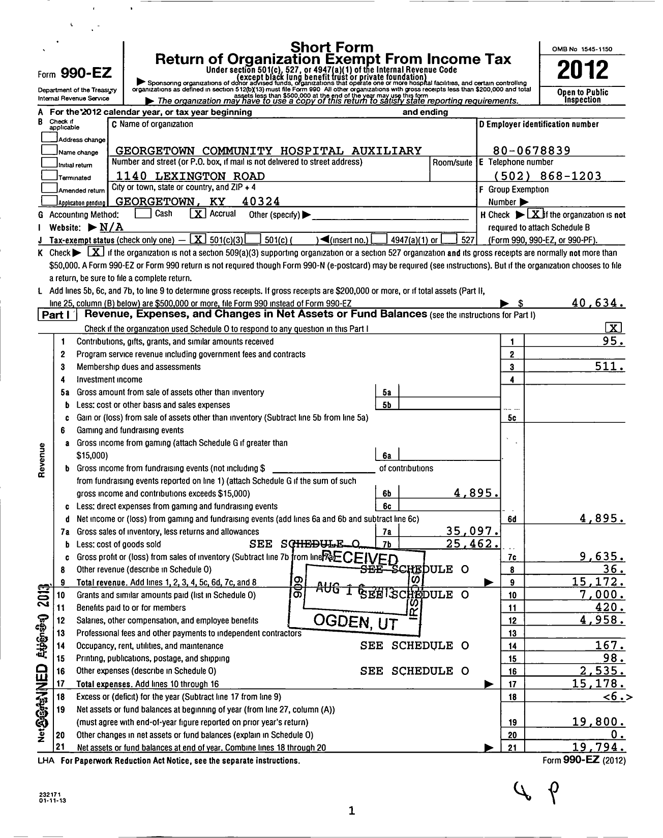 Image of first page of 2012 Form 990EZ for Georgetown Community Hospital Auxiliary