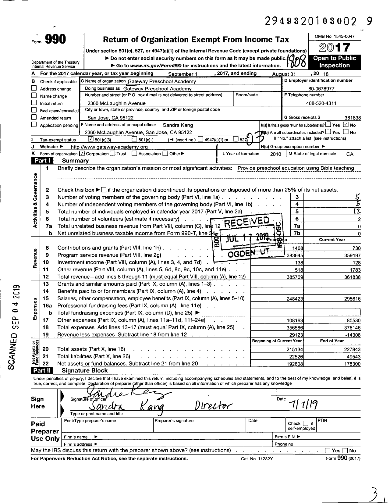 Image of first page of 2017 Form 990 for Gateway Preschool Academy