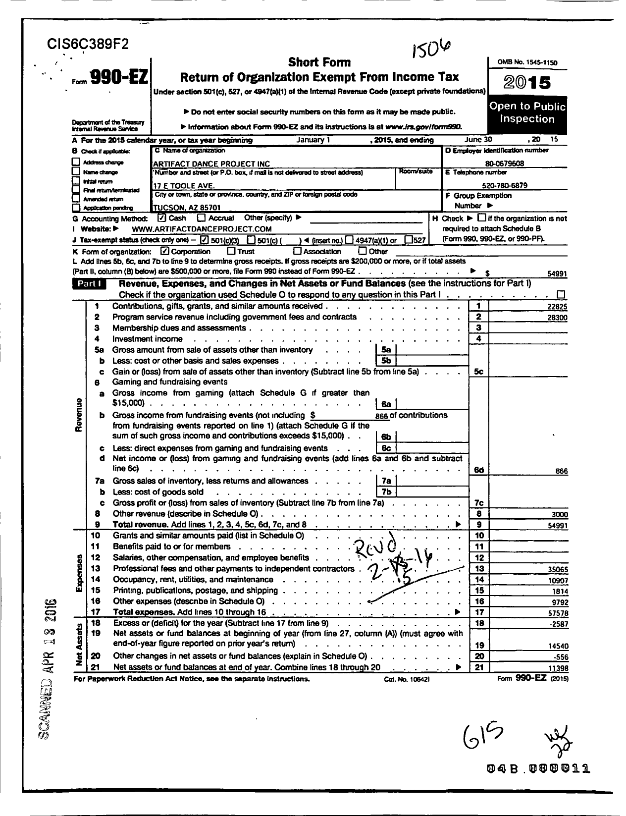 Image of first page of 2014 Form 990EZ for Artifact Dance Project