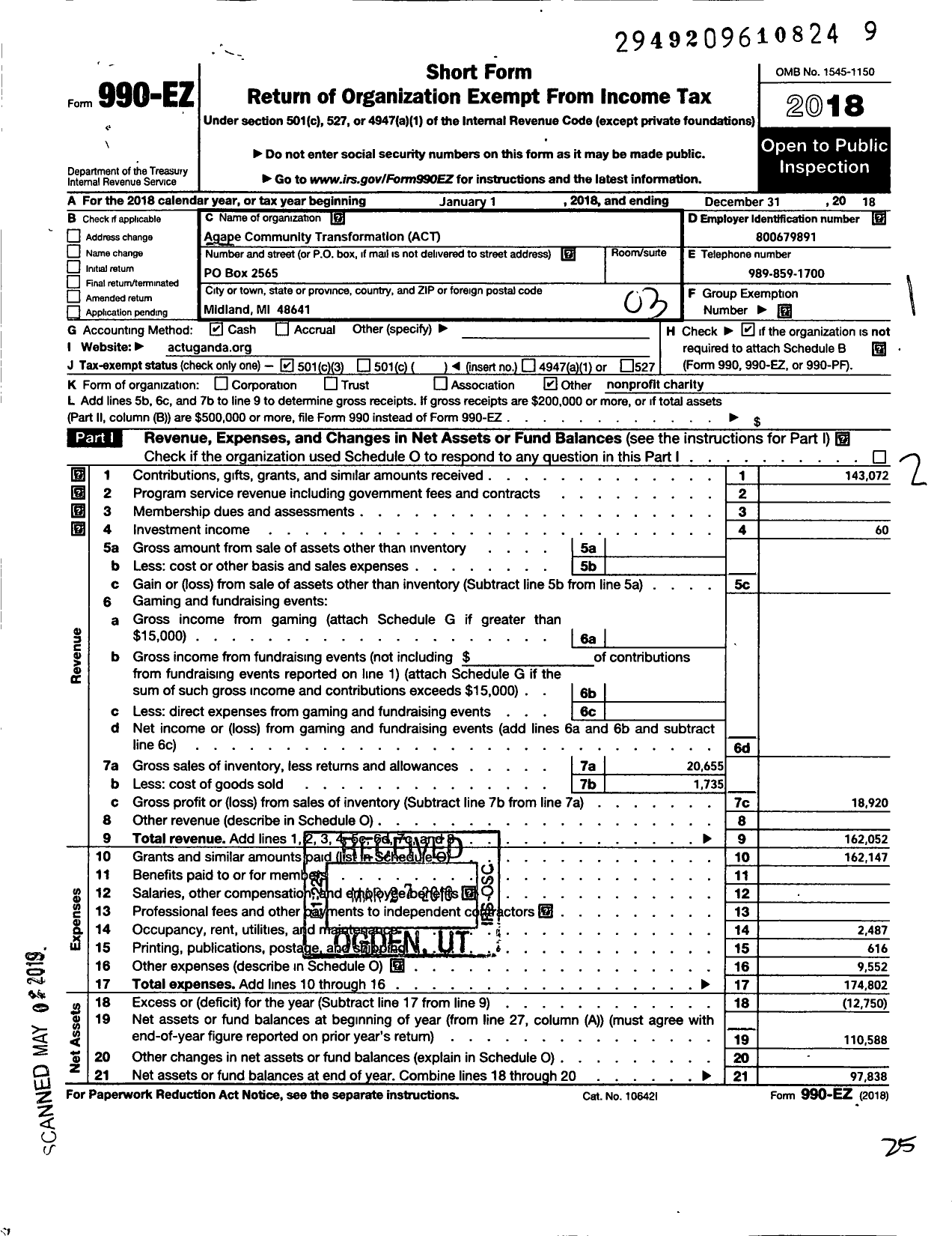 Image of first page of 2018 Form 990EZ for Agape Community Transformation