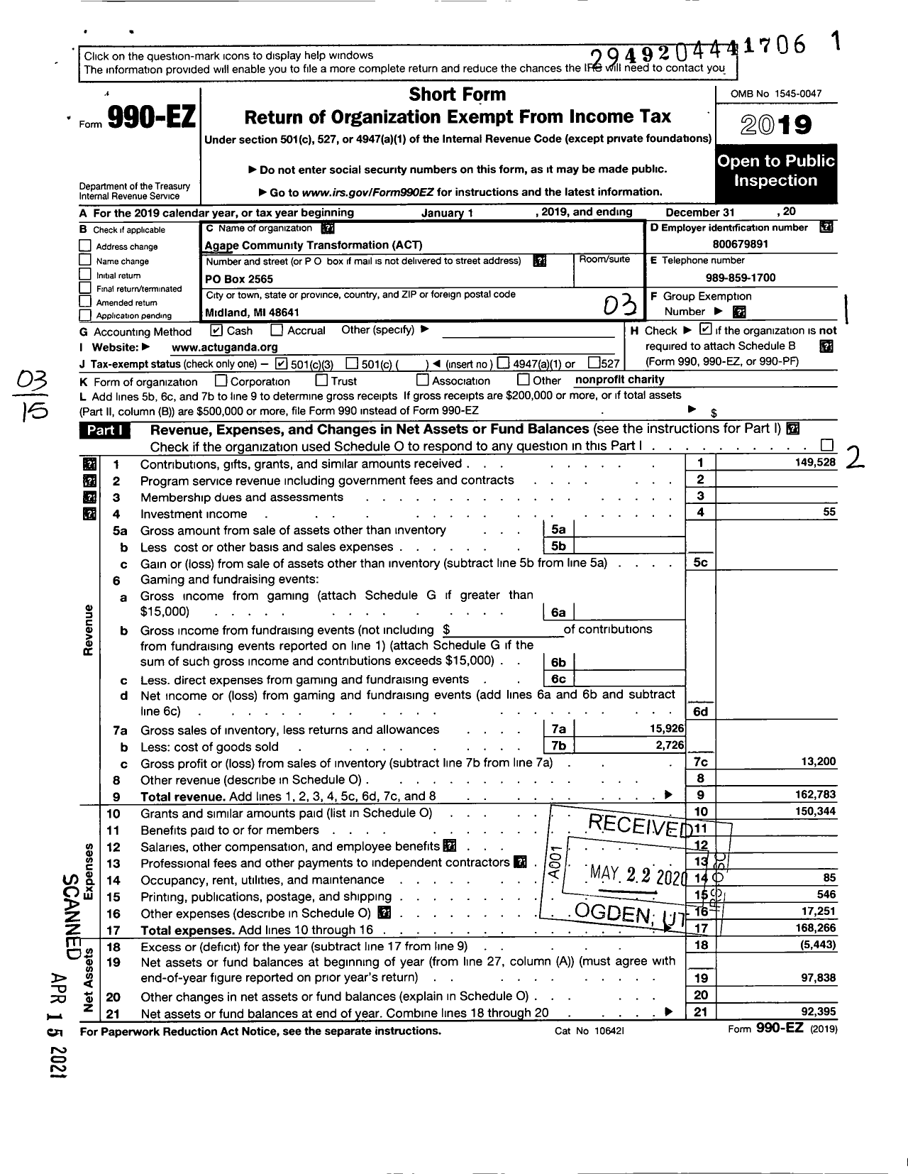 Image of first page of 2019 Form 990EZ for Agape Community Transformation