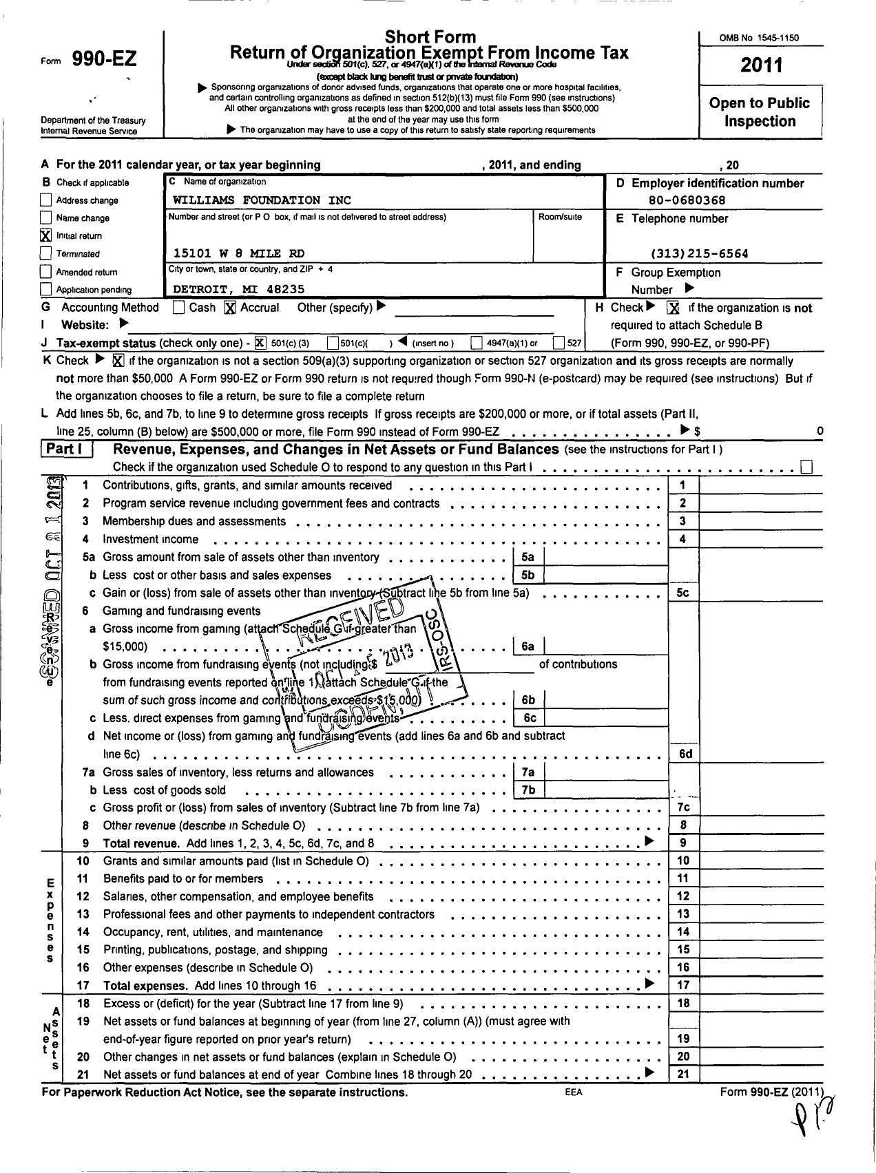 Image of first page of 2011 Form 990EZ for Williams Foundation / Jeremy Thomas