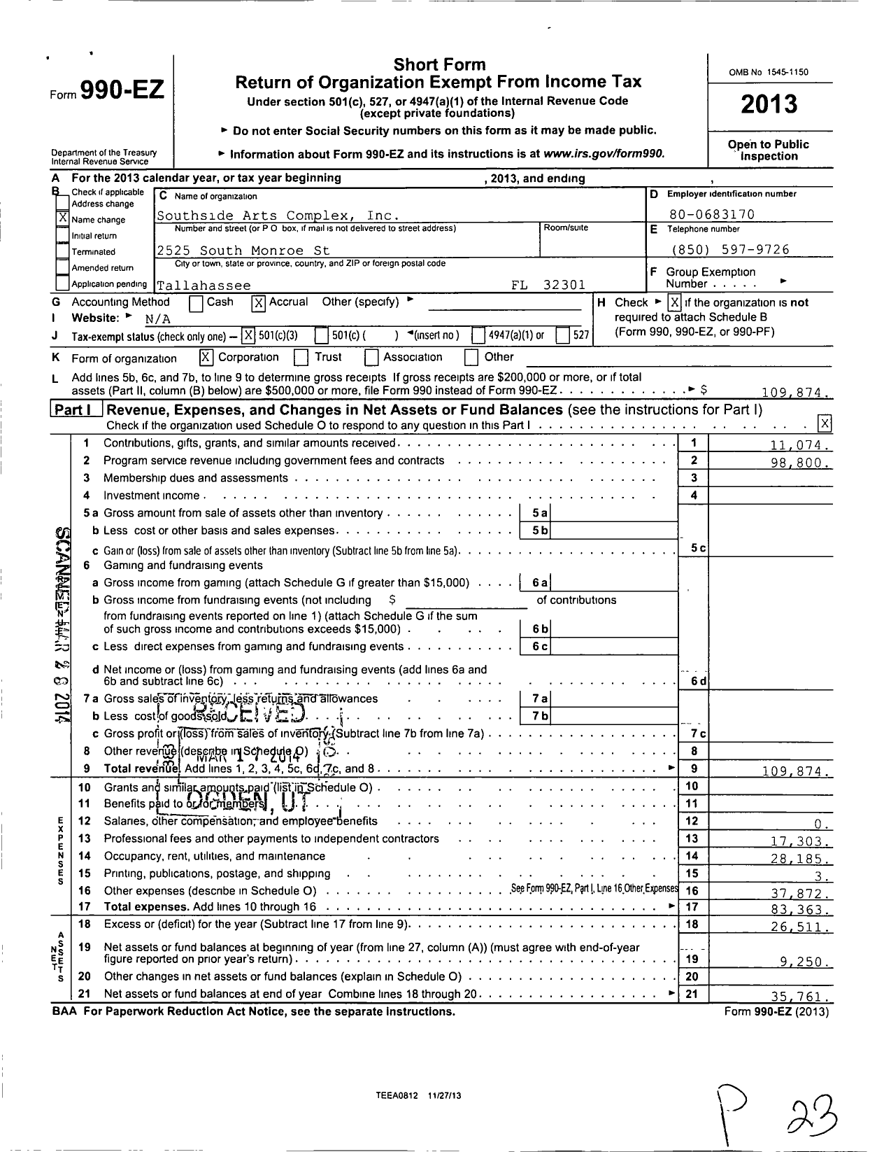 Image of first page of 2013 Form 990EZ for Southside Arts Complex