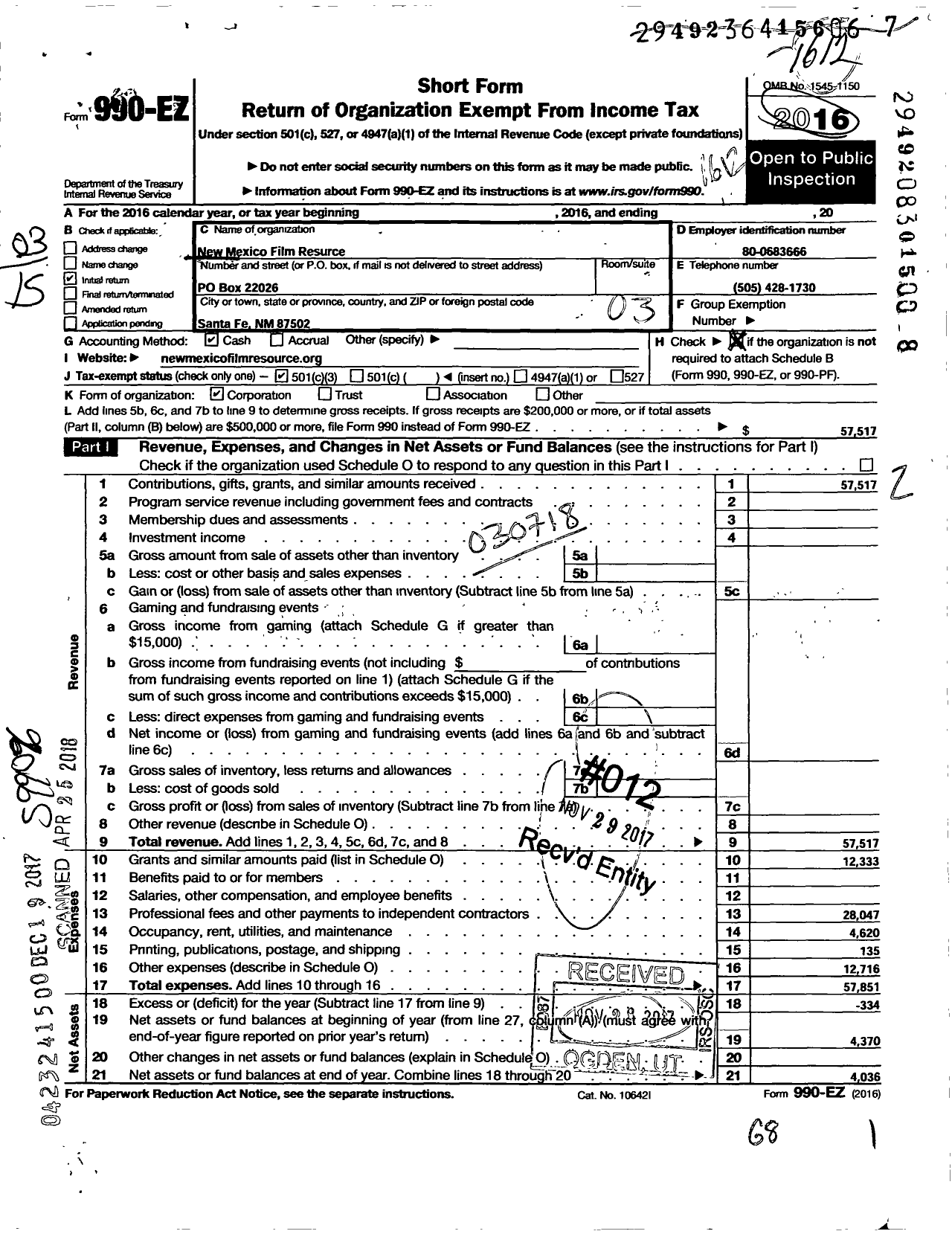 Image of first page of 2016 Form 990EZ for New Mexico Film Resource