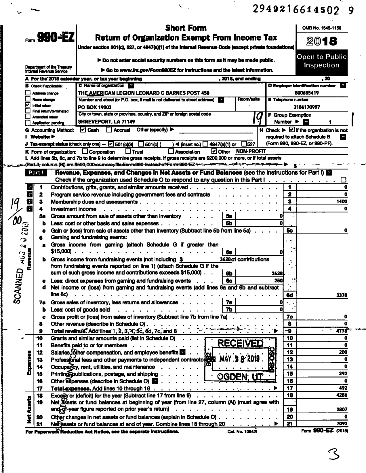 Image of first page of 2018 Form 990EO for Leonard C Barnes Post 450