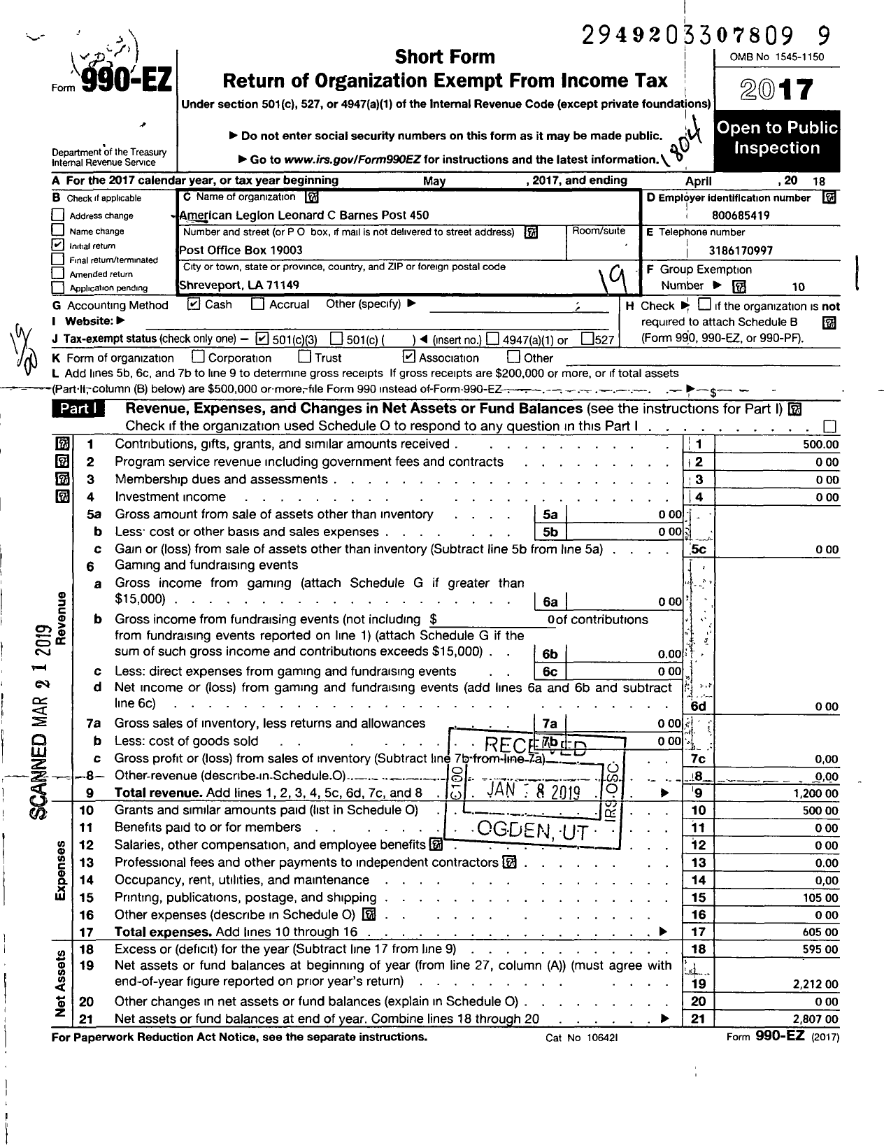 Image of first page of 2017 Form 990EO for Leonard C Barnes Post 450