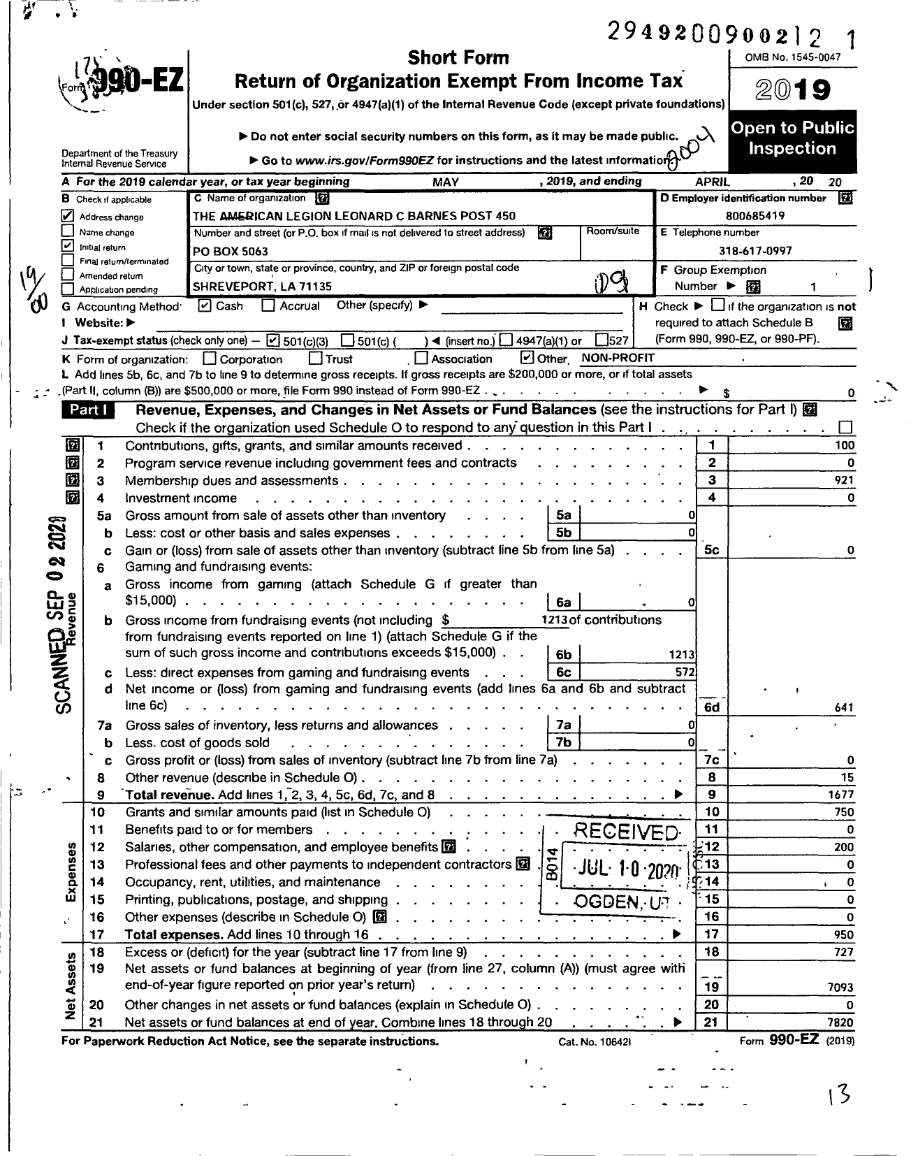 Image of first page of 2019 Form 990EO for Leonard C Barnes Post 450