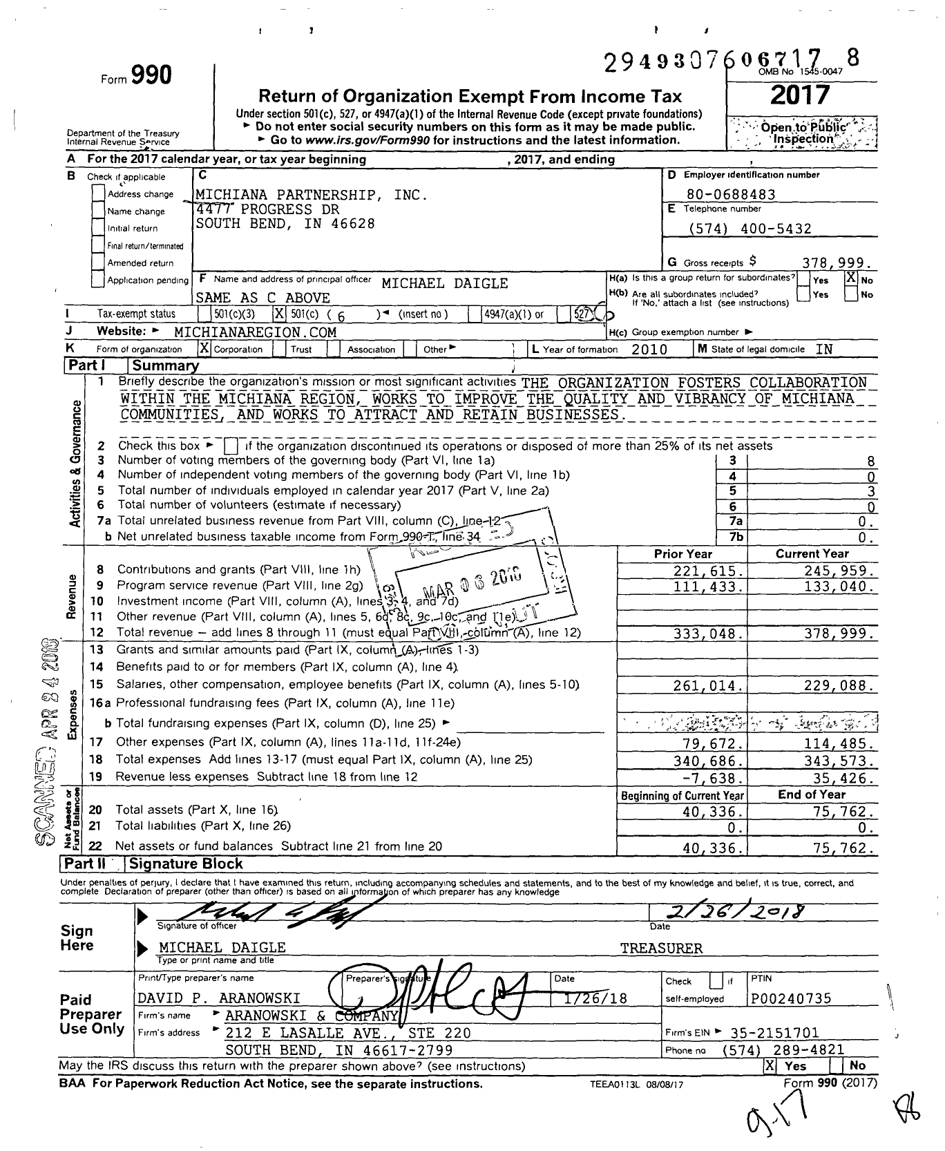 Image of first page of 2017 Form 990O for South Bend Elkhart Regional Partnership