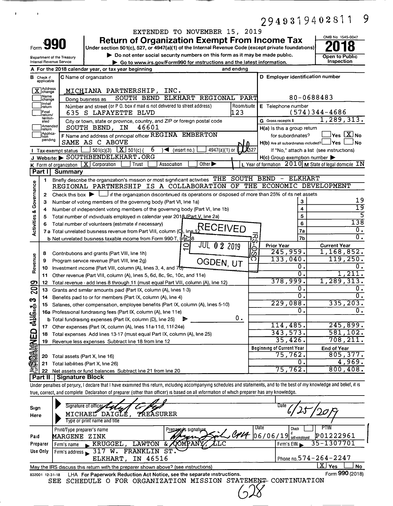 Image of first page of 2018 Form 990O for South Bend Elkhart Regional Partnership