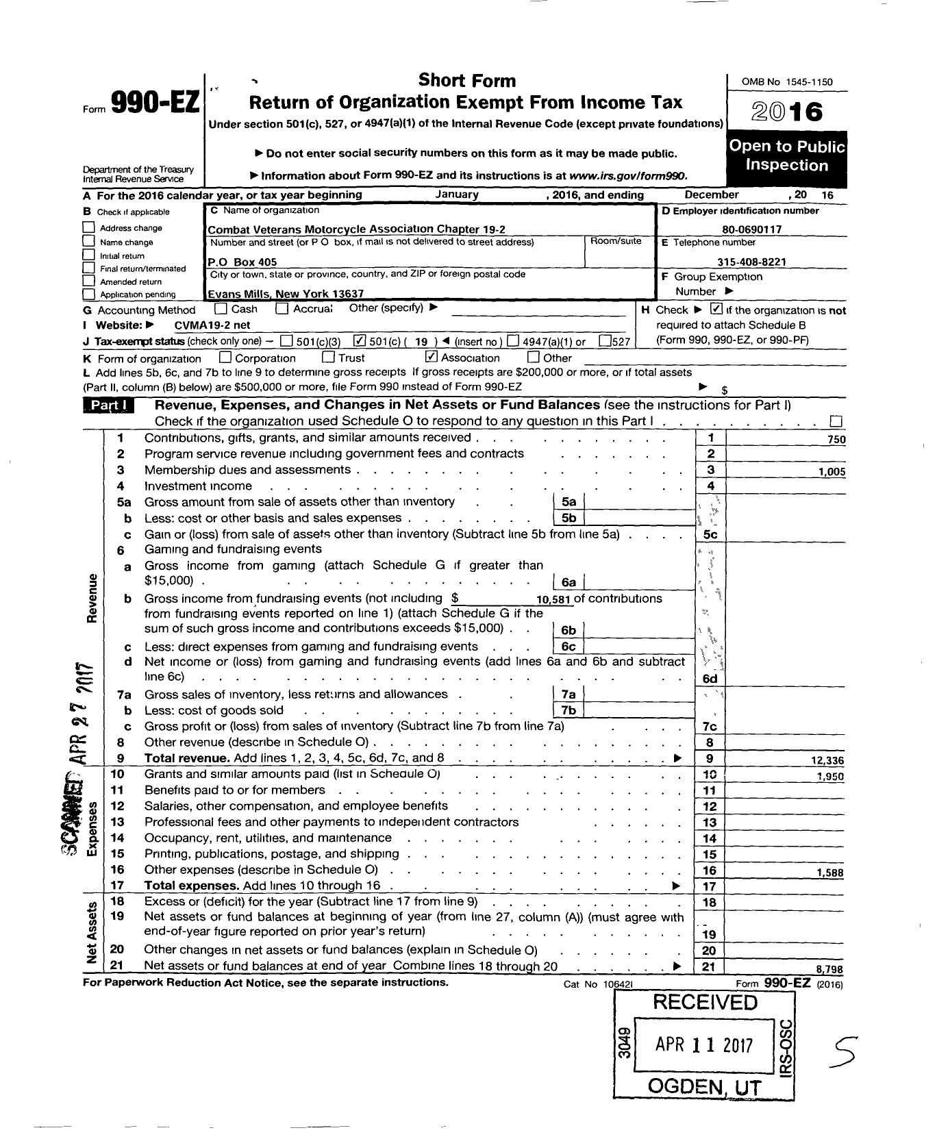 Image of first page of 2016 Form 990EO for New York Chapter-Combat Veterans Motorcycle Association 19-2