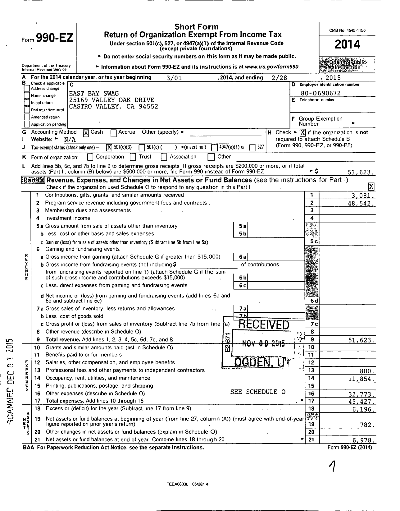 Image of first page of 2014 Form 990EZ for Amateur Athletic Union - East Bay Swag