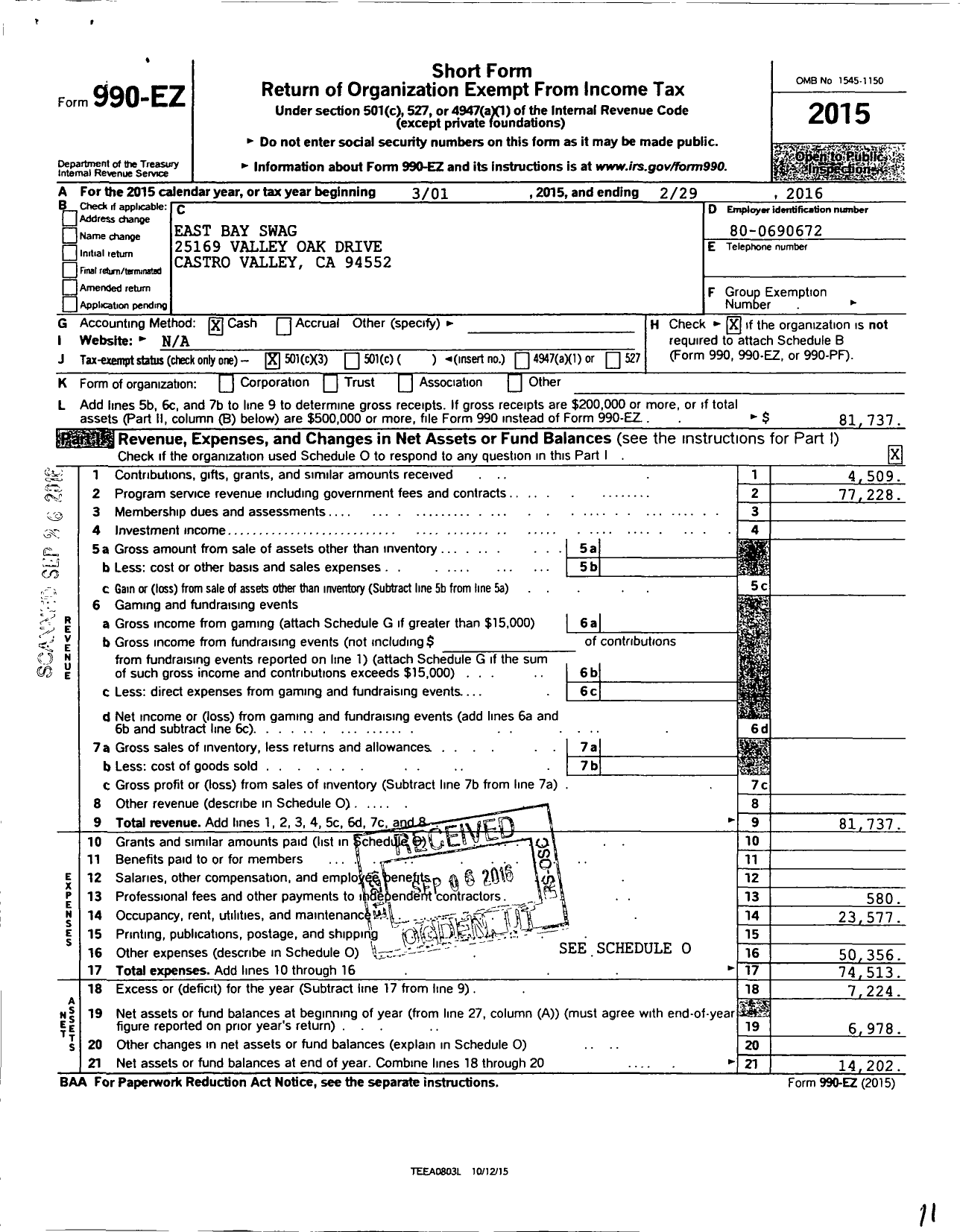 Image of first page of 2015 Form 990EZ for Amateur Athletic Union - East Bay Swag