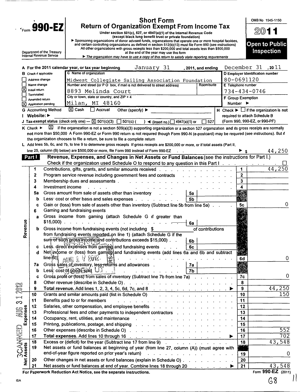 Image of first page of 2011 Form 990EZ for Midwest Collegiate Sailing Association Foundation