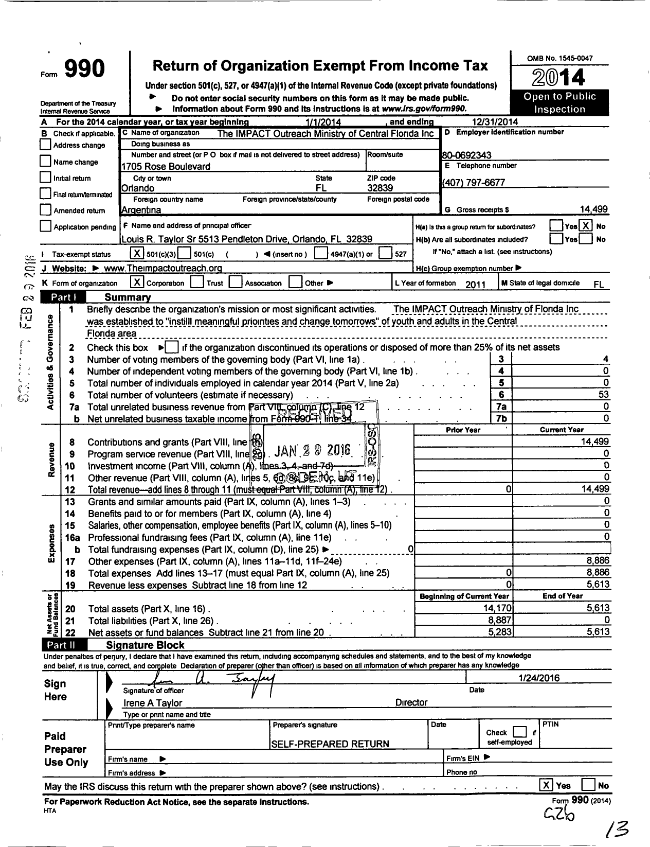 Image of first page of 2014 Form 990 for The Impact Outreach Ministry of Central Florida
