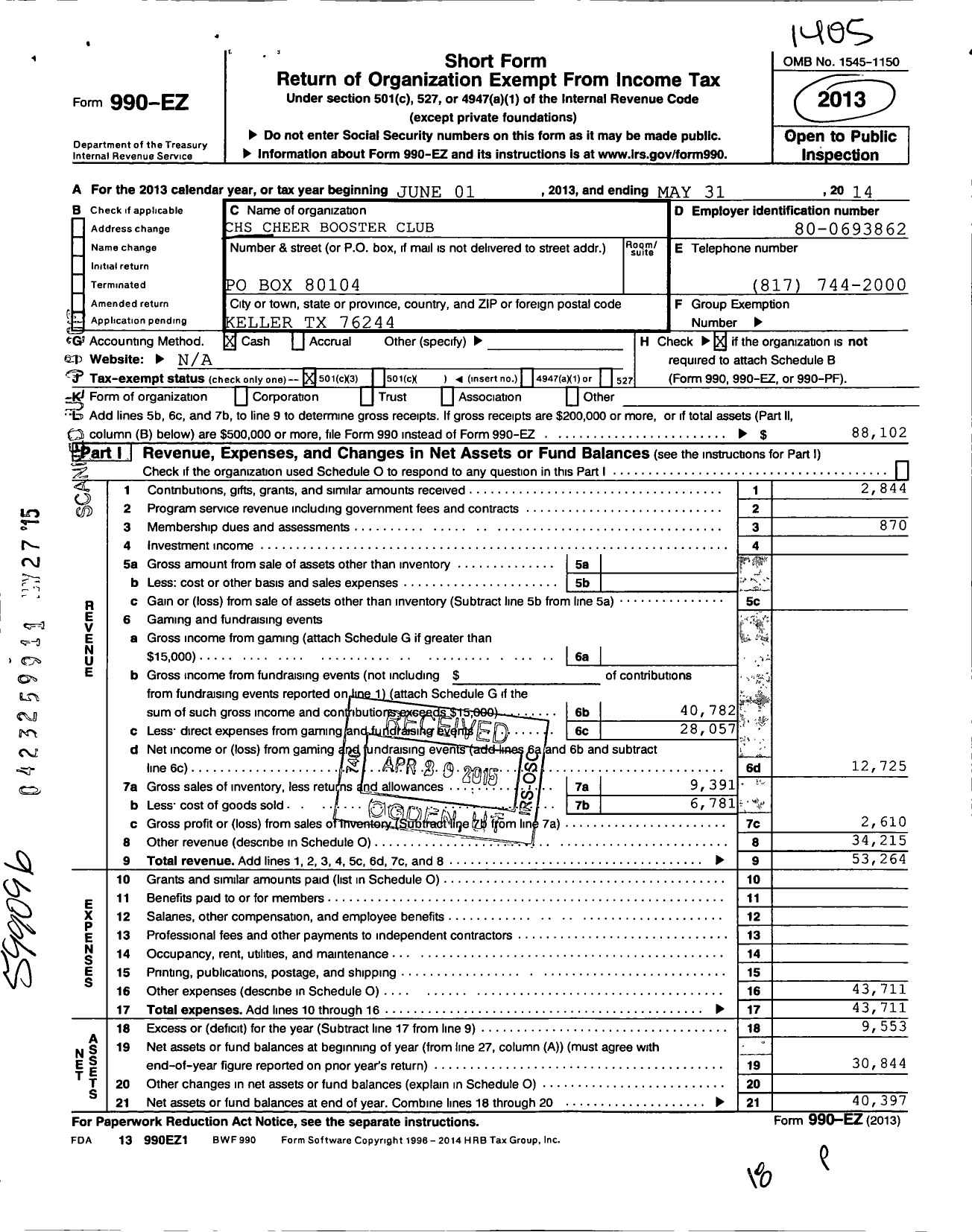 Image of first page of 2013 Form 990EZ for CHS Cheer Booster Club