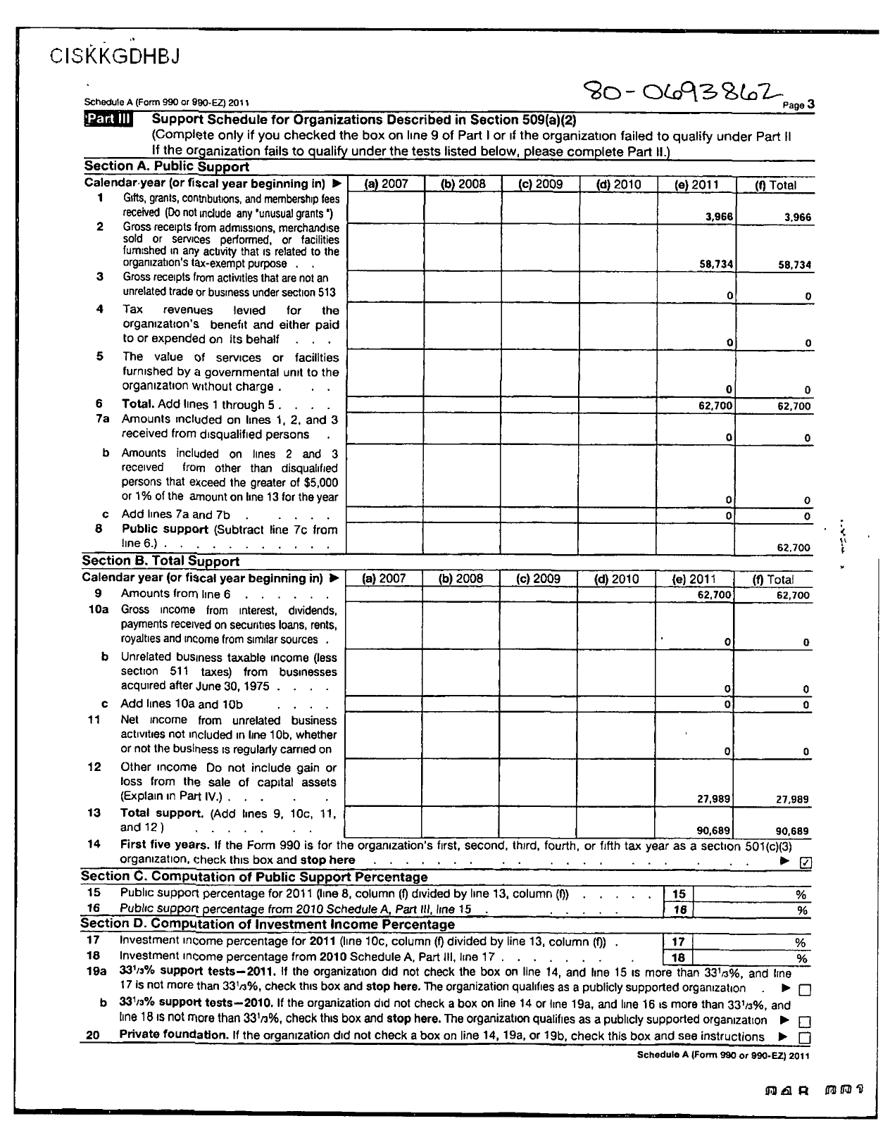 Image of first page of 2011 Form 990ER for CHS Cheer Booster Club