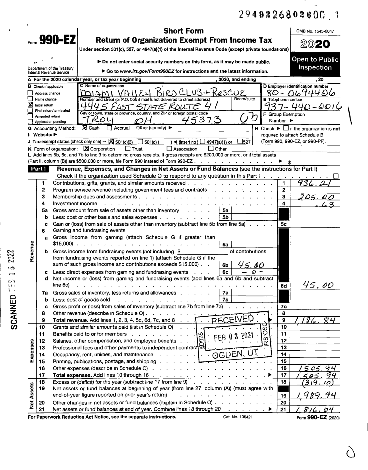 Image of first page of 2020 Form 990EZ for Miami Valley Bird Club and Rescue