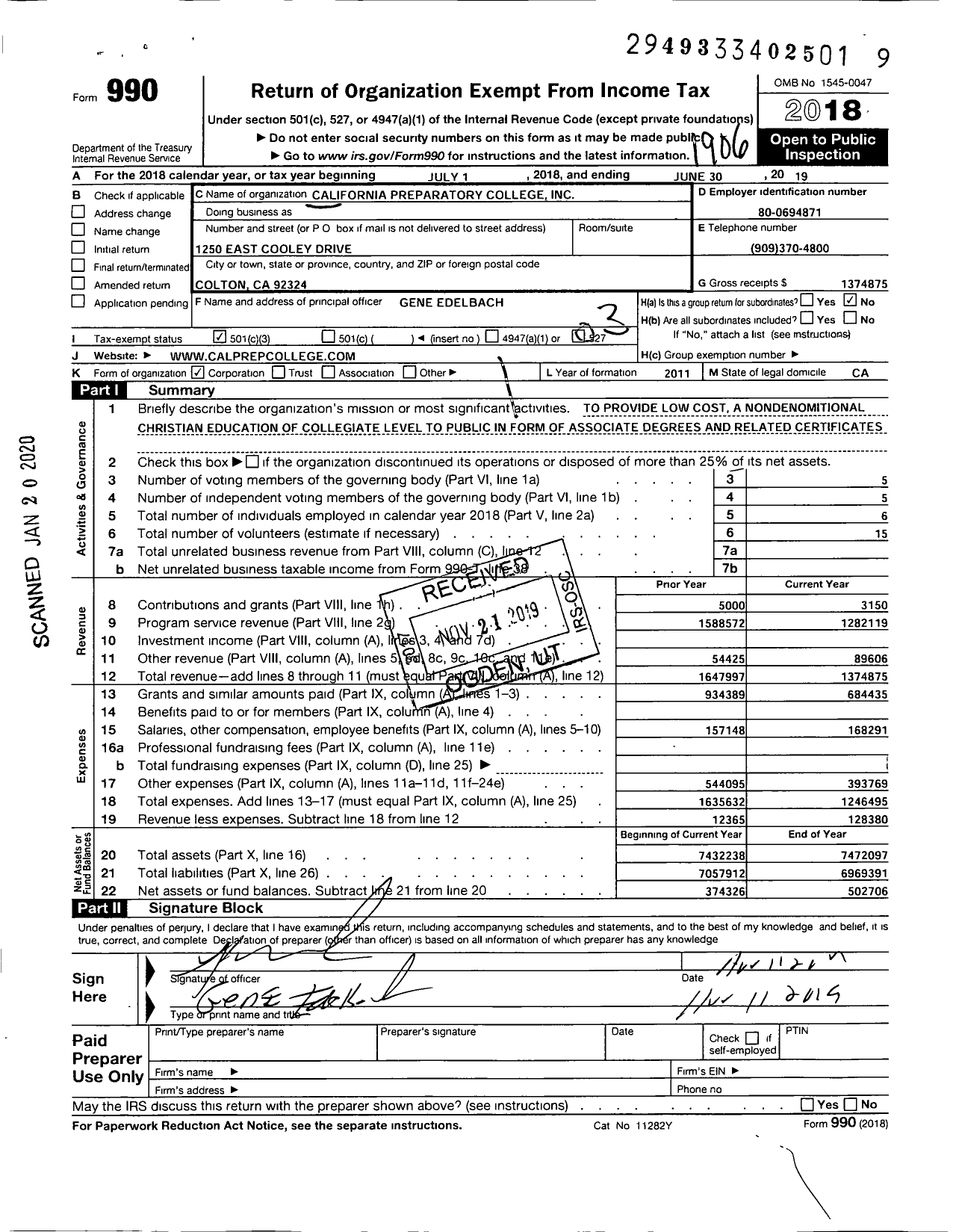 Image of first page of 2018 Form 990 for California Preparatory College