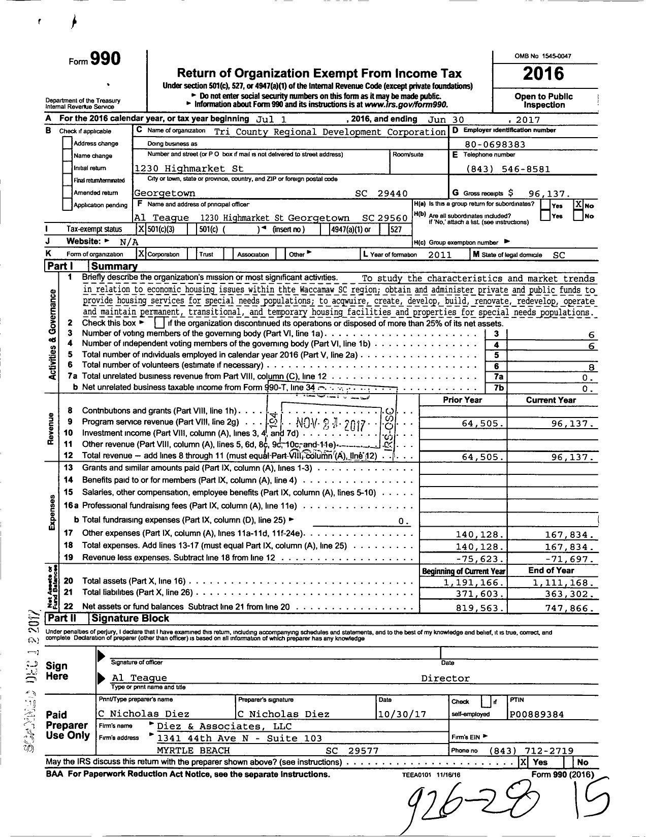 Image of first page of 2016 Form 990 for Tri County Regional Development Corporation